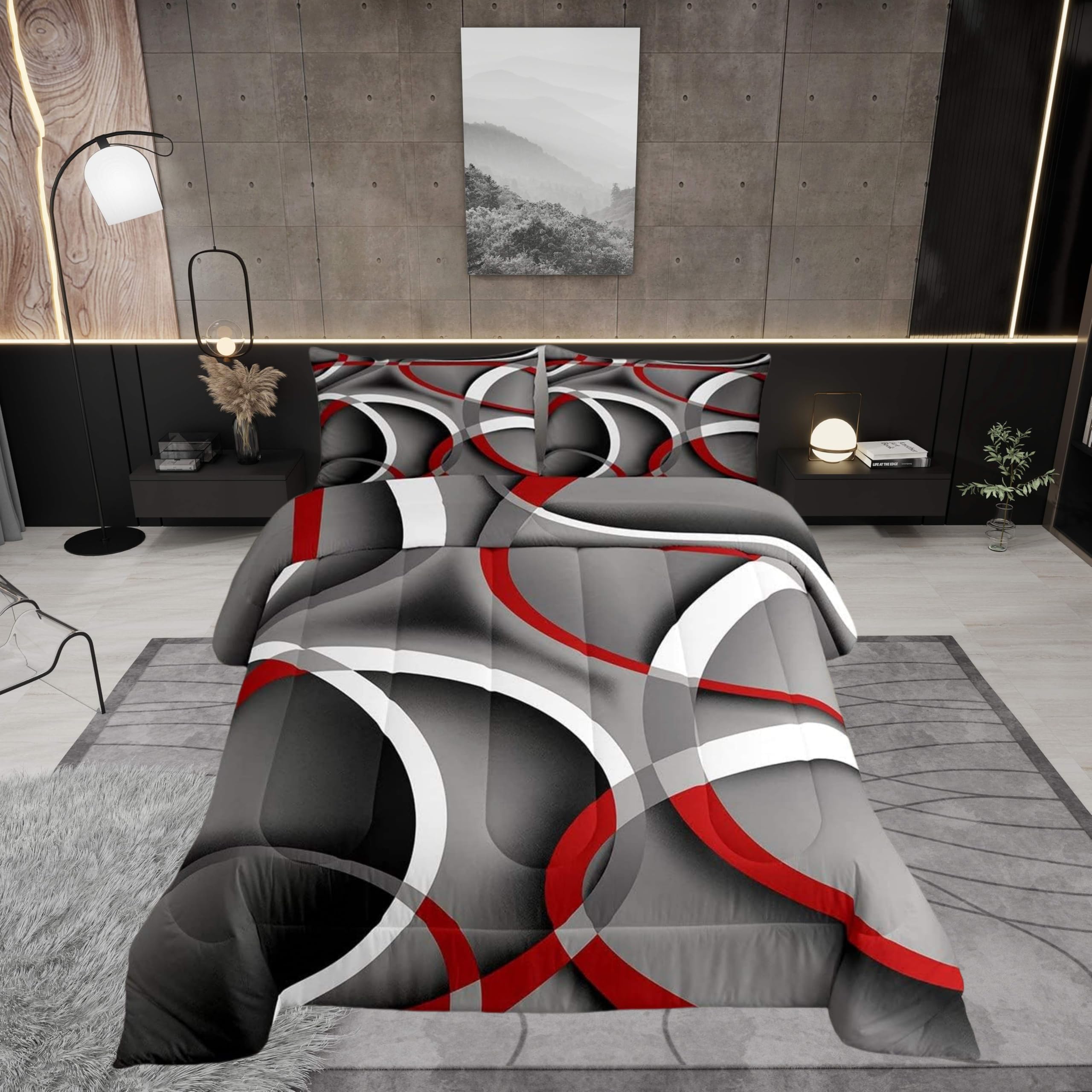 Stripes Comforter Set Queen Kids Teens Gray Black Red Swirls Room Decor Abstract Stripes Circle Bedding Set,Soft Lightweight Modern Simple Style Duvet,Youth Young Man Quilt,1 Comforter + 2 Pillowcase