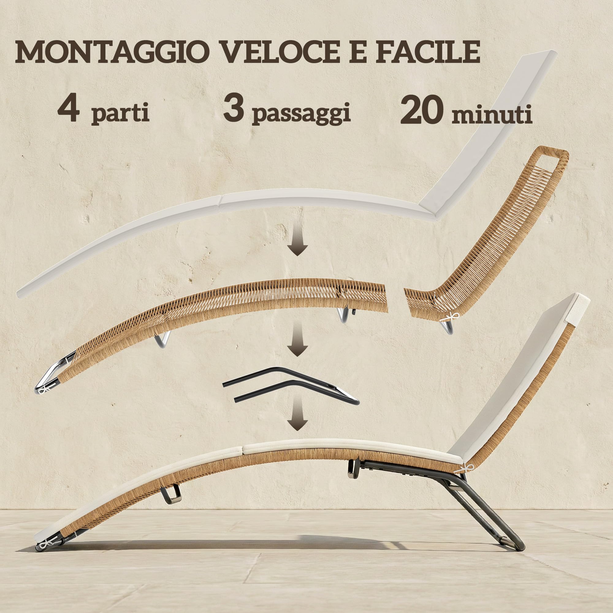 Outsunny Lettino Prendisole in Rattan Forma S con Cuscino 175x57x80cm Crema | Lettino da Giardino, Struttura in Acciaio, per Patio Spiaggia Piscina Giardino