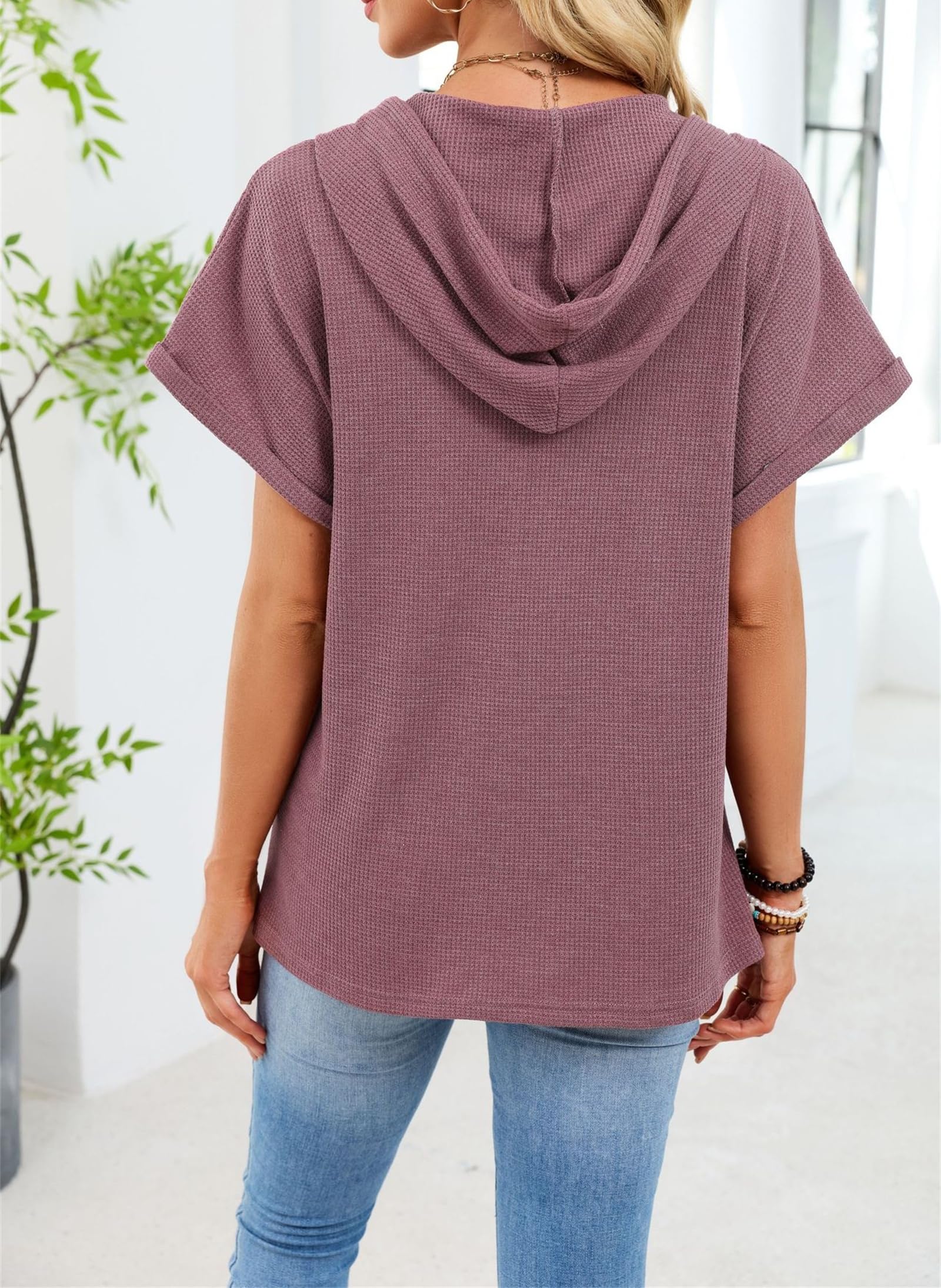 Bluzy z kapturem dla kobiet, oversize, dzianinowa bluza z dekoltem w serek, krótki rękaw, sznurek, guziki, pulower, topy do codziennego noszenia