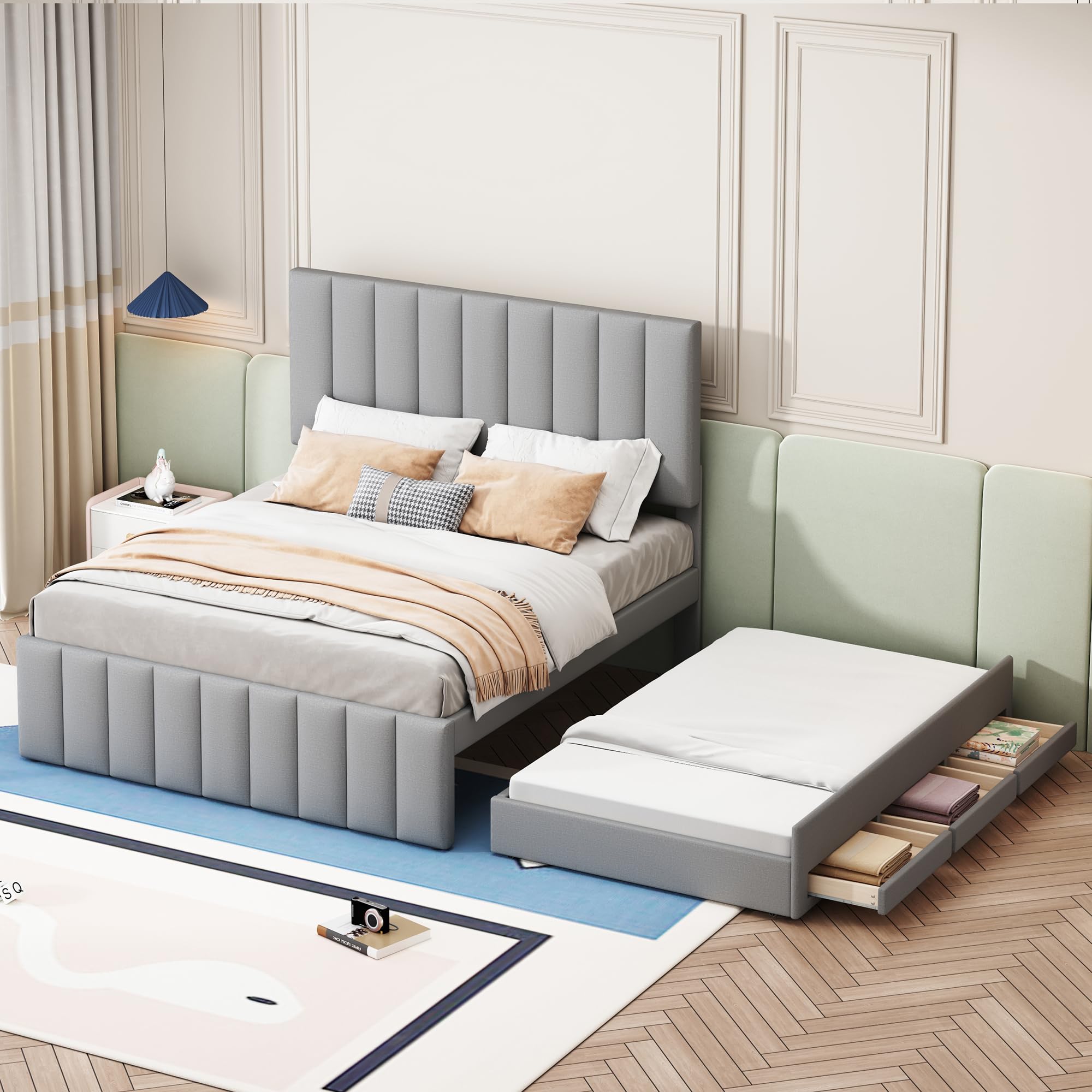 Letto Tessile 140x200cm con Sommier a doghe stabili e Struttura Letto Matrimoniale fissa piattaforma tre cassetti inferiori secondo letto estraibile testiera regolabile Grigio