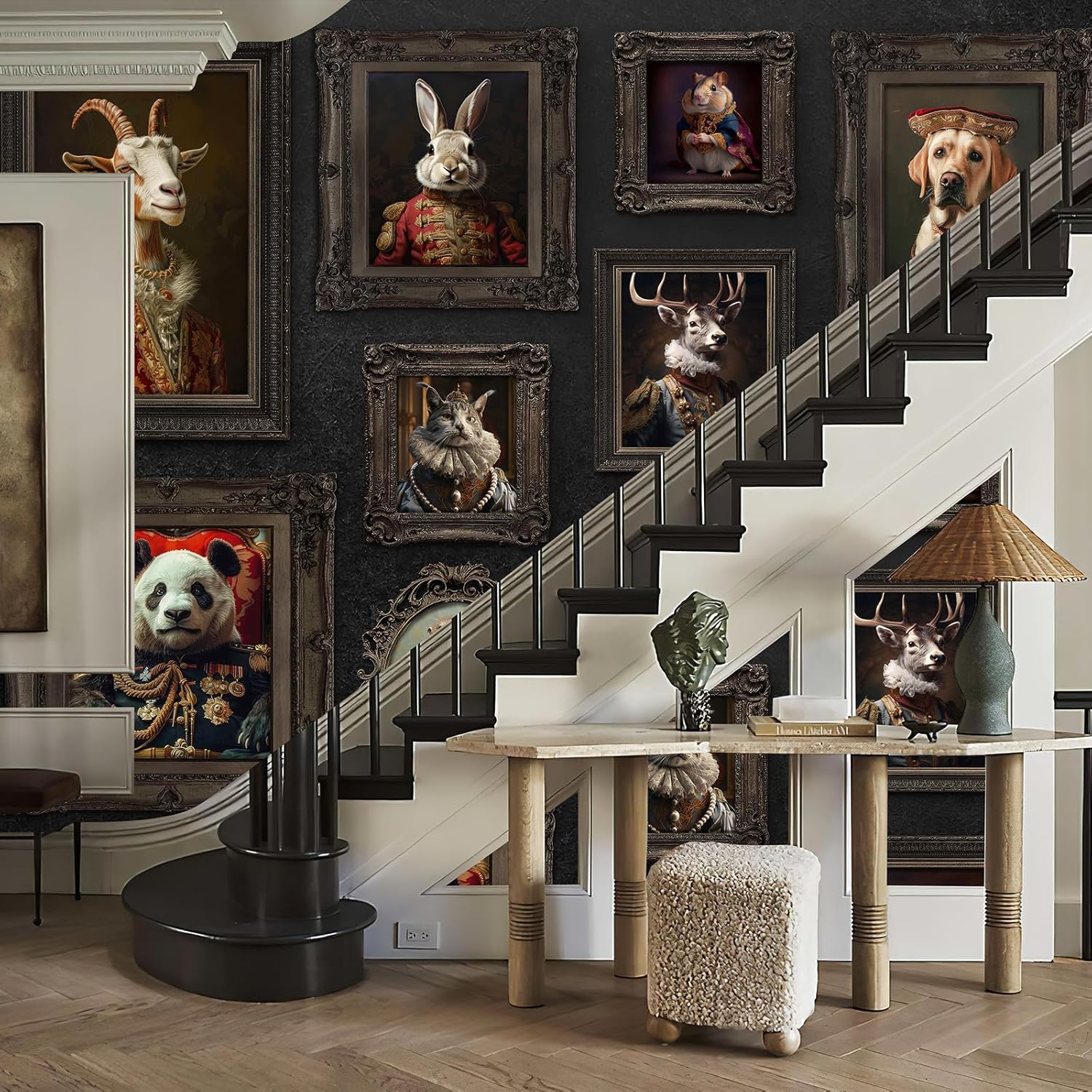 Animal Wall Murals Peel and Stick 148" Wx110 H Removable Vintage Frame Europe 3D Goat Rabbit Wallpaper Wall Decor Canvas Wall Art for Bedroom Living Room Office