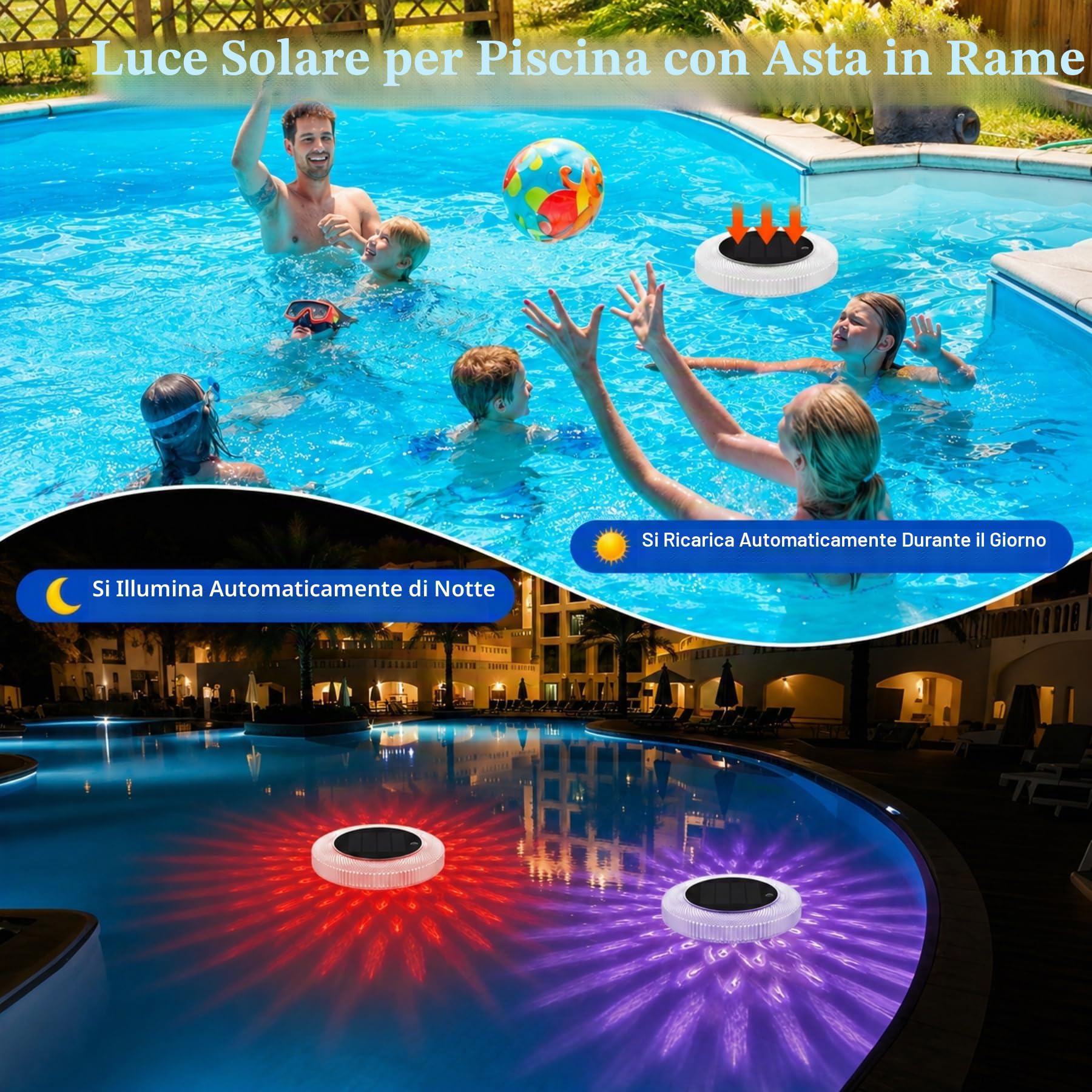 sylvwin Ionizzatore solare per piscina con anodi di rame, purificatore d'acqua galleggiante con anodo di rame per piscine, illuminazione solare per piscine, luci solari RGB, purificatore d'acqua per