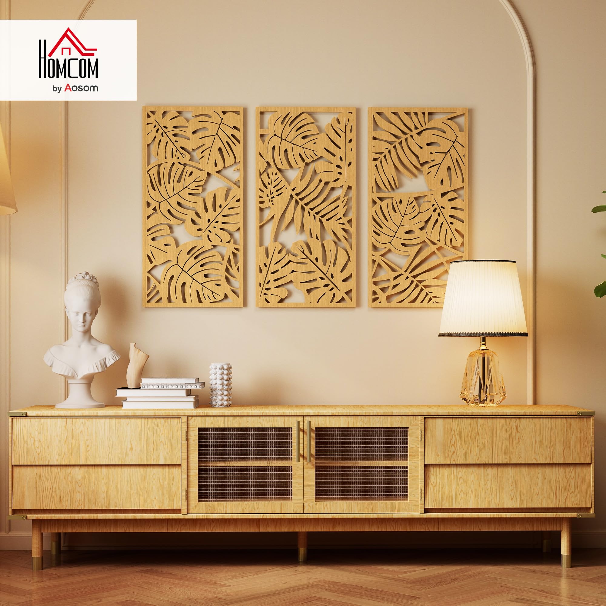 HOMCOM Set di 3 decorazioni da parete in legno 3D, 40 x 80 cm, legno naturale | Foglie tropicali, decorazione da parete moderna da appendere, per soggiorno, camera da letto, corridoio o ufficio