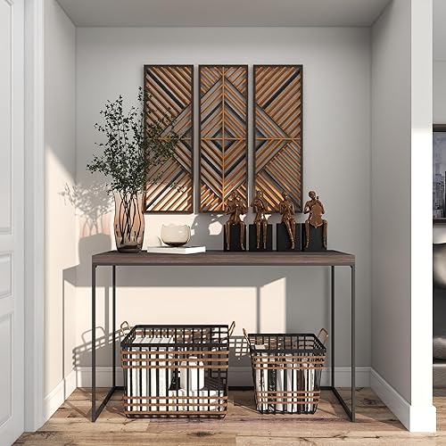 Miniatura 8 de Deco 79 Decoración de pared geométrica de madera para el hogar, diseño de madera, escultura de pared, juego de 3 arte de pared de 12 pulgadas de