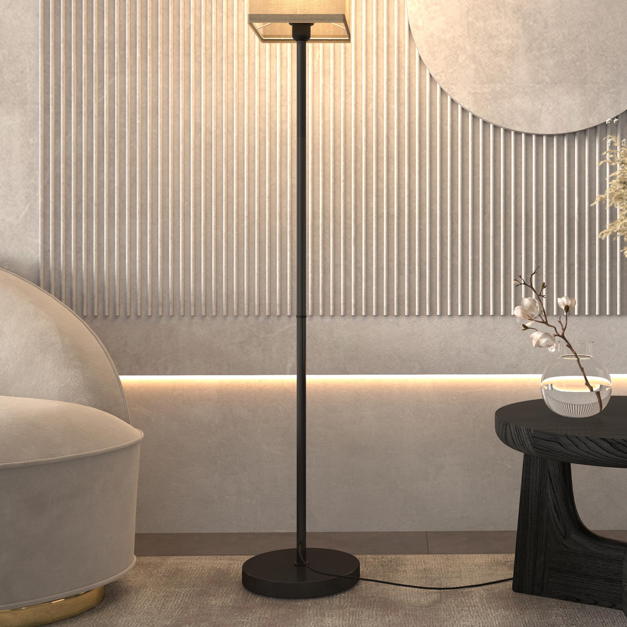 HOMCOM Lampadaire sur pied salon, lampe salon sur pied, avec abat-jour beige effet lin, interrupteur, pour chambre à coucher, noir