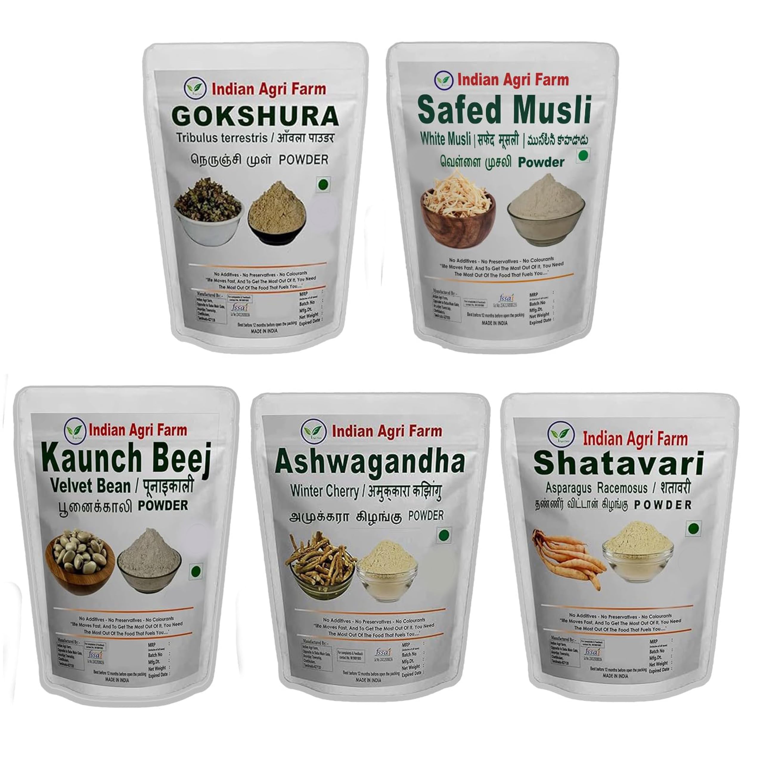 Iagrifarm Gokhru Chota, Safed Musli, Kaunch Beej, Ashwagandha and Shatavari Powder (Pack of 5, each 100g)