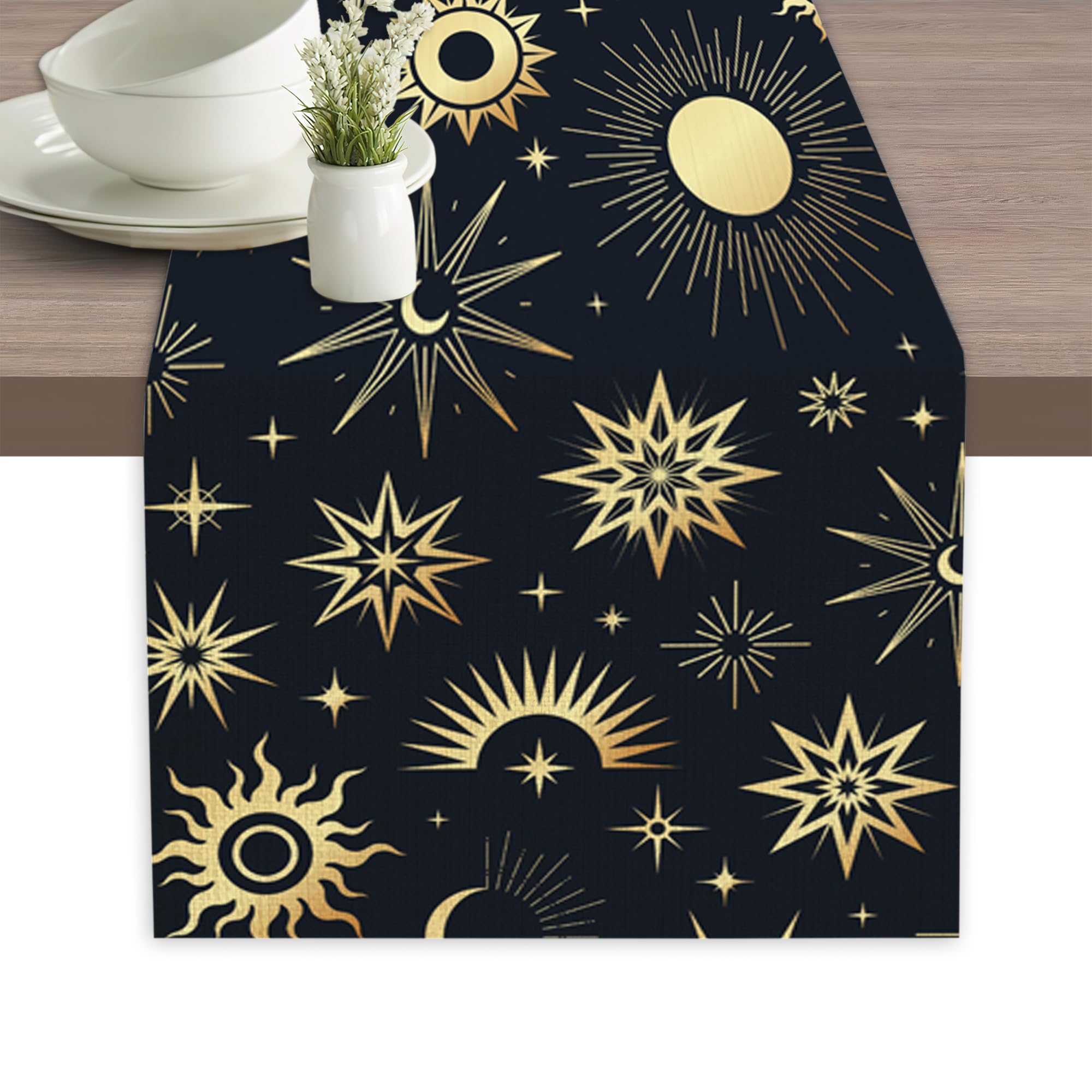 Magic Gold Sun Moon Stars Mystical Esoteric Table Runner Linen Long Farmhouse Rustic TableRunner for Party Holiday Dining Room /Kitchen,13 x 70 Inches