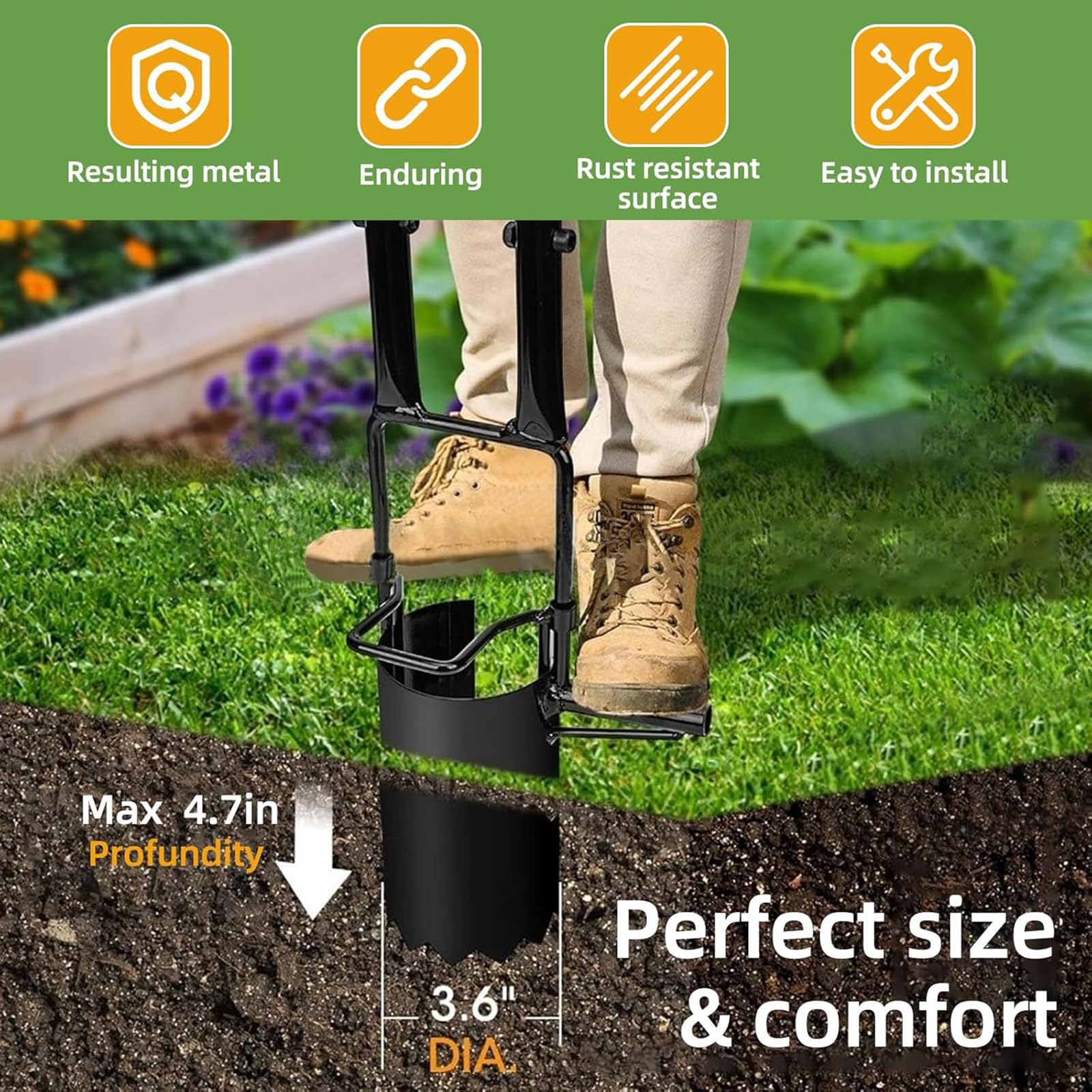 Plantador De Bulbos con Mango Largo, Trasplantador De Bulbos para Jardinería, Base Dentada, 100 Libras De Carga Y Un Tubo De Acero De 20 Mm De Diámetro, Robusto Y Ahorrador De Trabajo