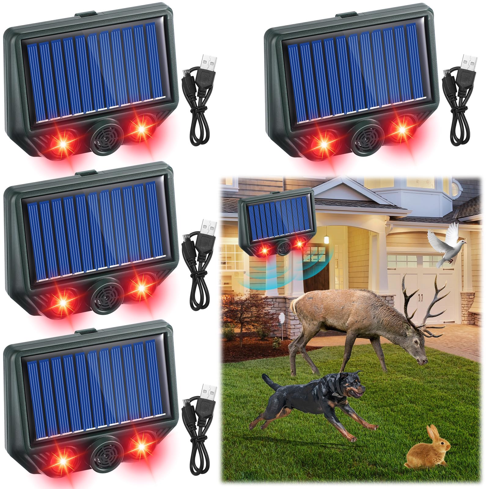 Qualirey 4 Pack Solar Ultrasonic Cat Repellent Outdoor Deer Repellent Devices with Motion Sensor and Strobe Flashing Light Waterproof Solar Animal Repeller Fox Deterrent for Wolves Dog Garden Yard