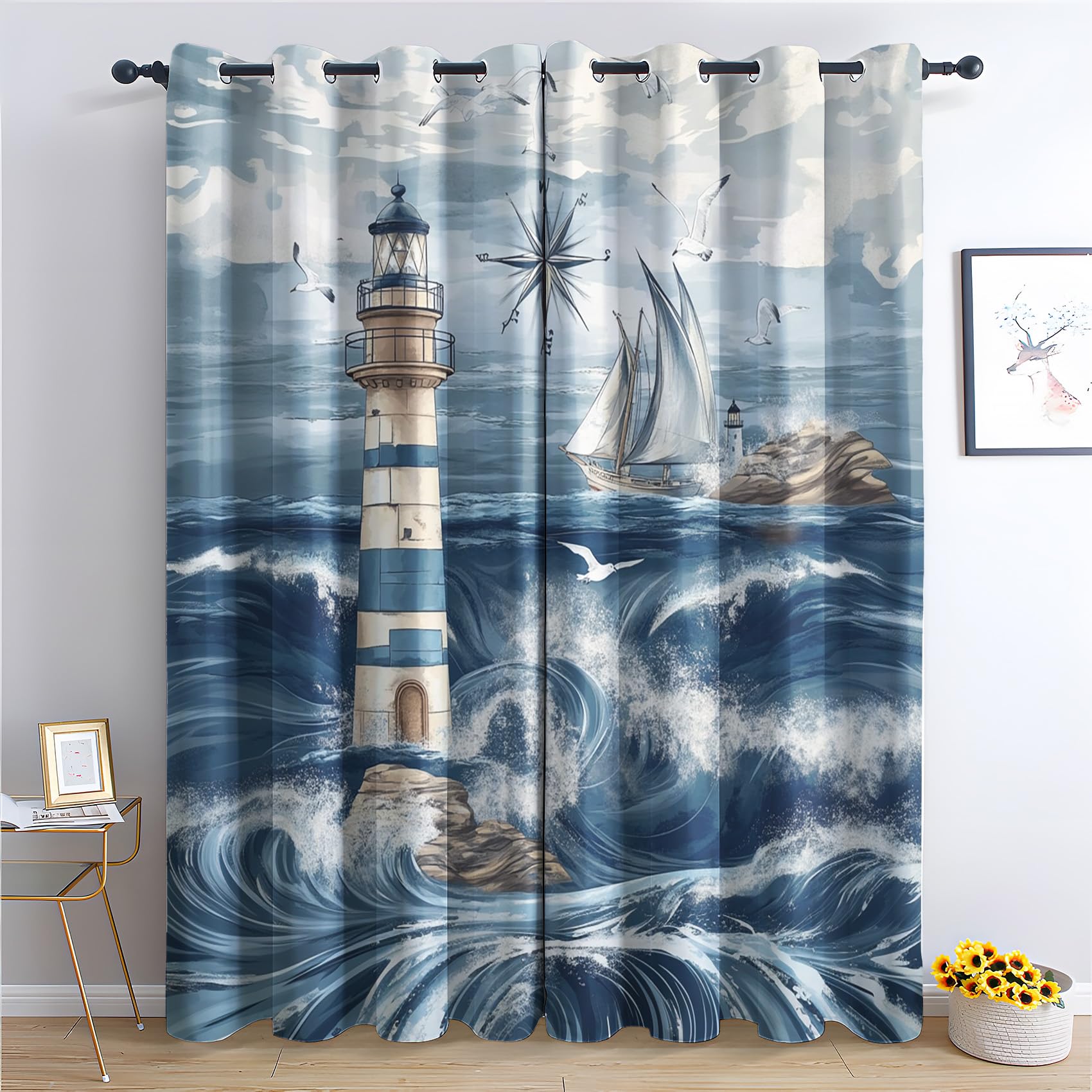Luxfieo Nautical Blackout Curtains for Living Room Bedroom - 54 Inch Drop Curtains 46x54, Ocean Lighthouse Sailboat Patterned Window Treatments, Thermal Eyelet Drapes 2 Panels W#51