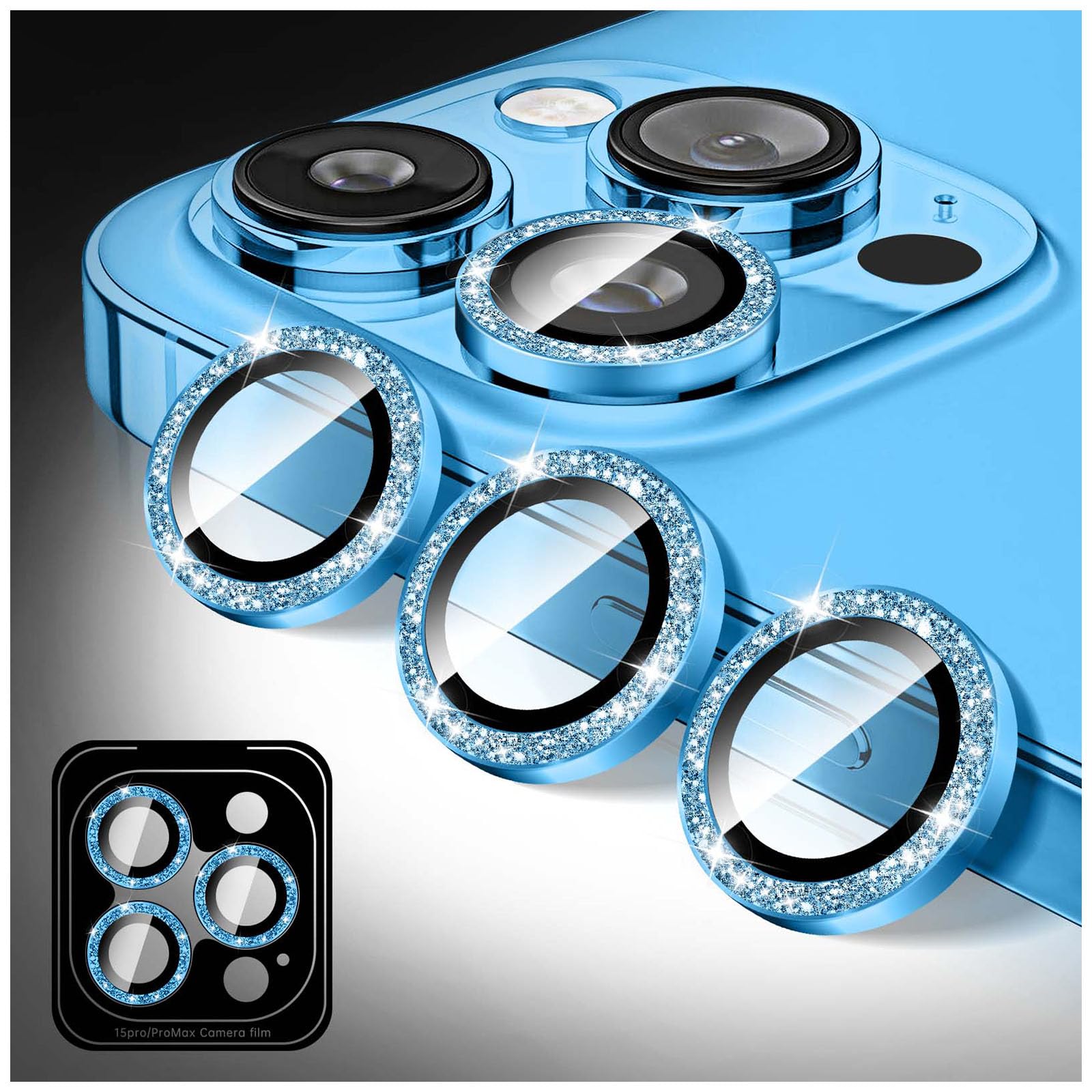 Kucheed Bling Camera Lens Protector for iPhone 16 Pro/iPhone 16 Pro Max, Glitter 9H Tempered Glass Camera Cover Film Stickers, Sparkling Automatic Alignment Individual Metal Rings Phone Accessories