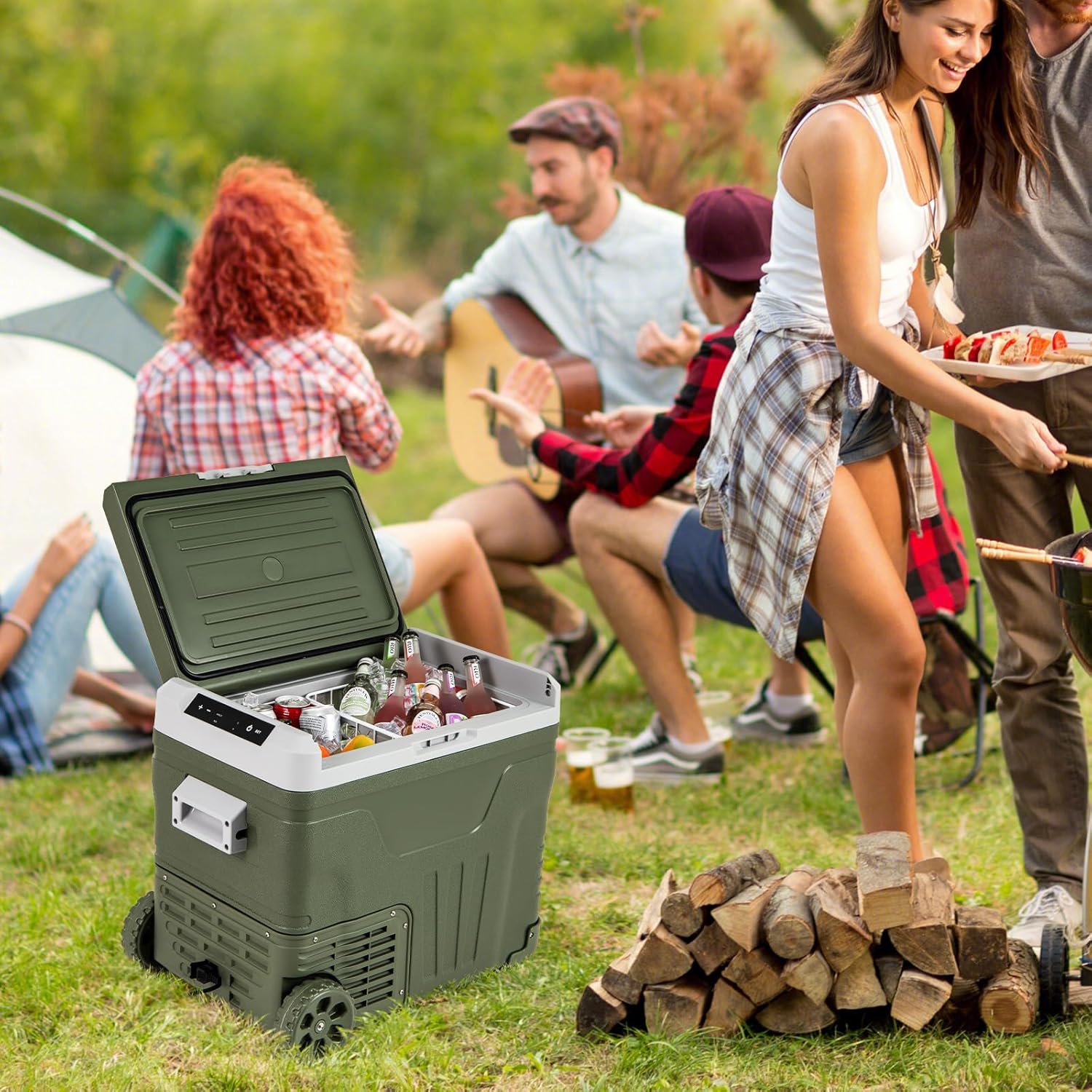 COSTWAY Car Refrigerator with Wheels, 53-Quart Electric Cooler, 12V/24V DC, 100-240V AC, -4°F To 68°F, Portable Car Fridge Freezer with Pull Handle & 2 Wheels for RV Camping, Black