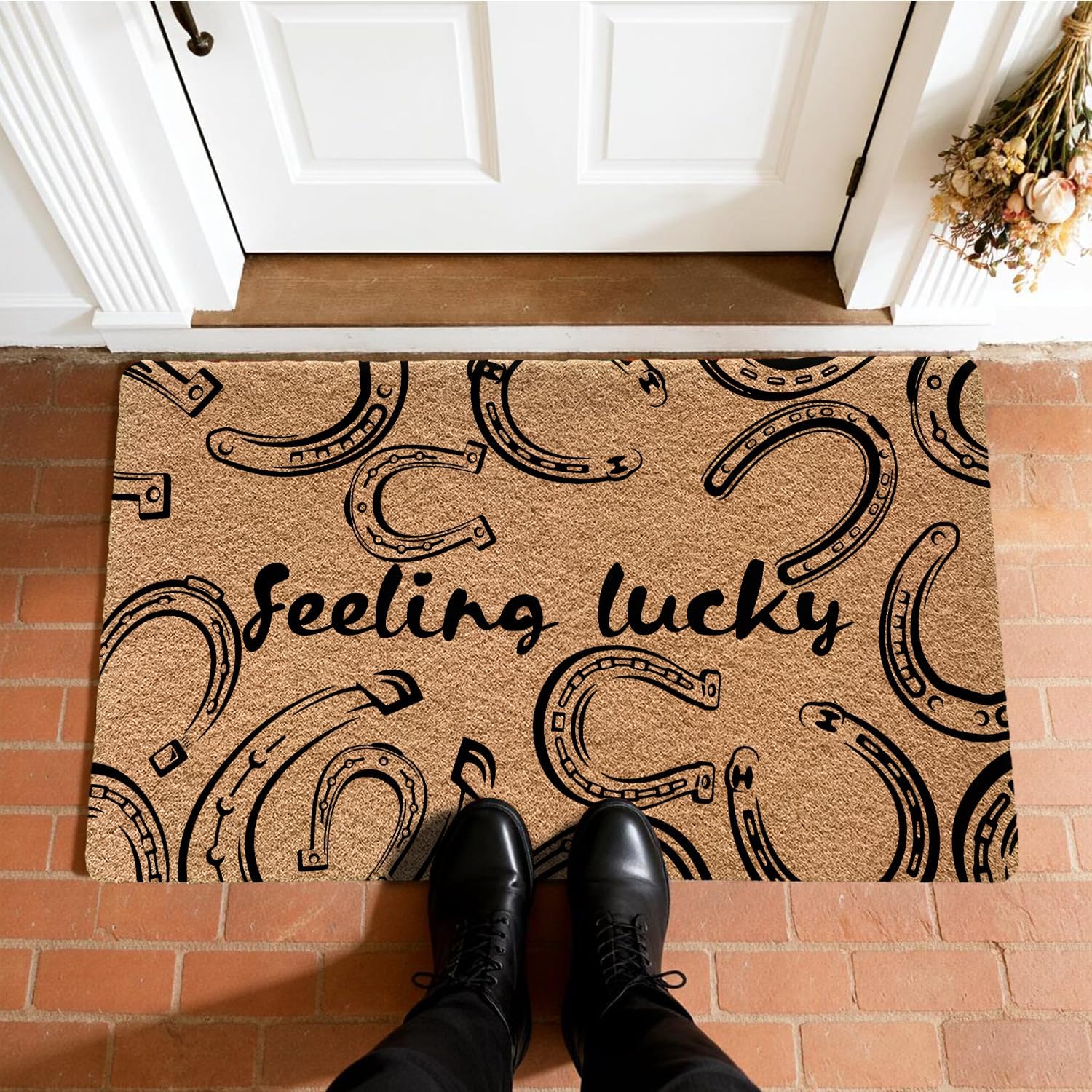 Funny Horseshoe Farmhouse Faux Coir Door Mats Outdoor Outside Entrance 17x30 Inch, Feeling Lucky Welcome Mats Entry Rug for Front Door Porch Entryway