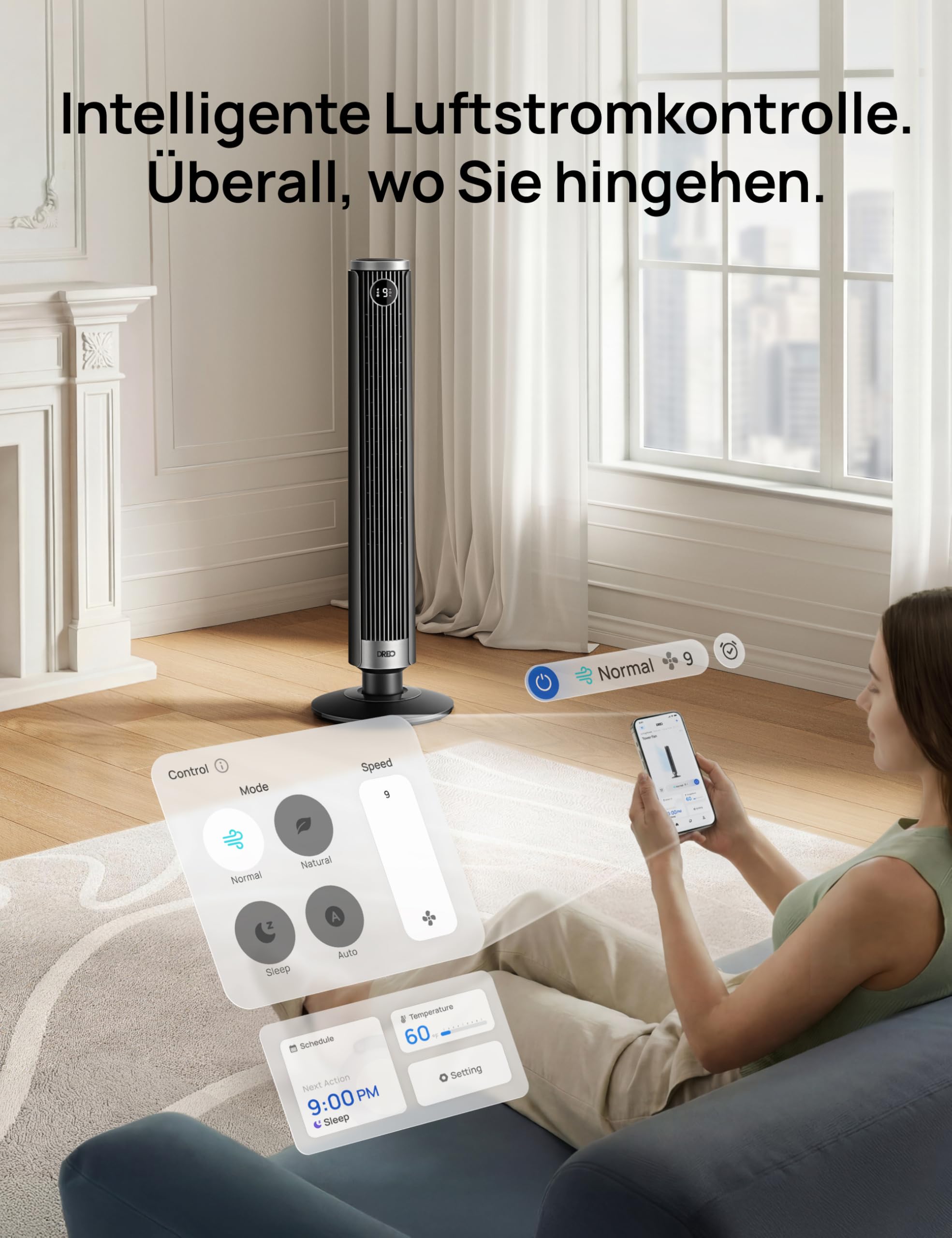 DREO Smart 102–114cm Turmventilator fürs Schlafzimmer, Höhenverstellbar, 8.4m/s, DC-Motor, 9 Stufen, 4 Modi, 90°-Oszillation, Standventilator, 20dB Leise, 12H Timer für Zuhause und Büro, Google/Alexa