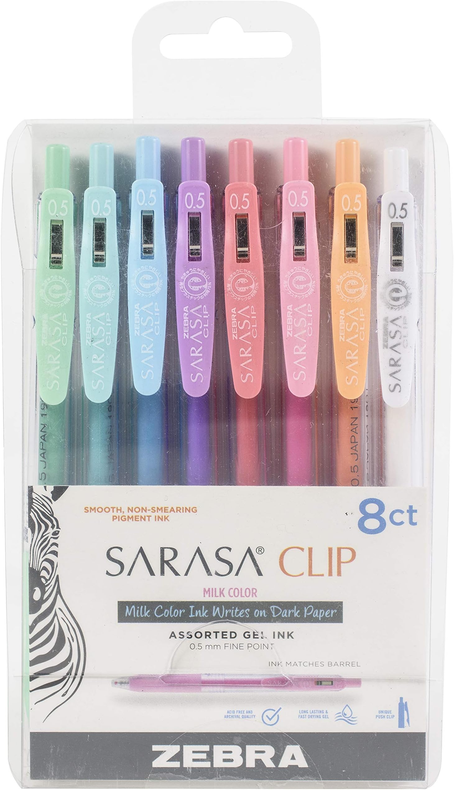 Zebra Sarasa Clip 0.5mm Fine Point Gel Ink Pens 8/Pkg-Milky -Assorted Colors -48908
