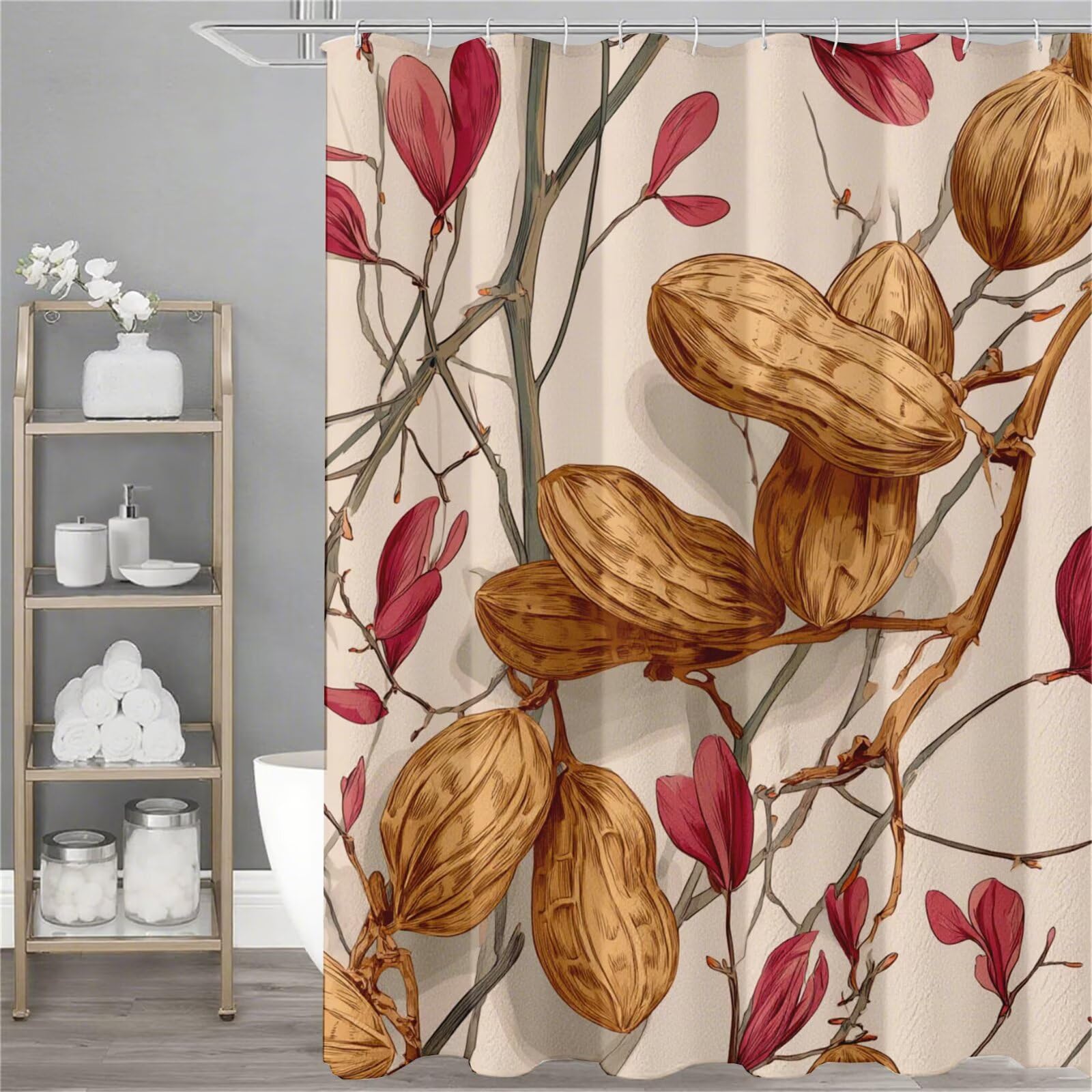 Rideau de douche pour décoration salle de bain chic avec motif arachide et 12 crochets