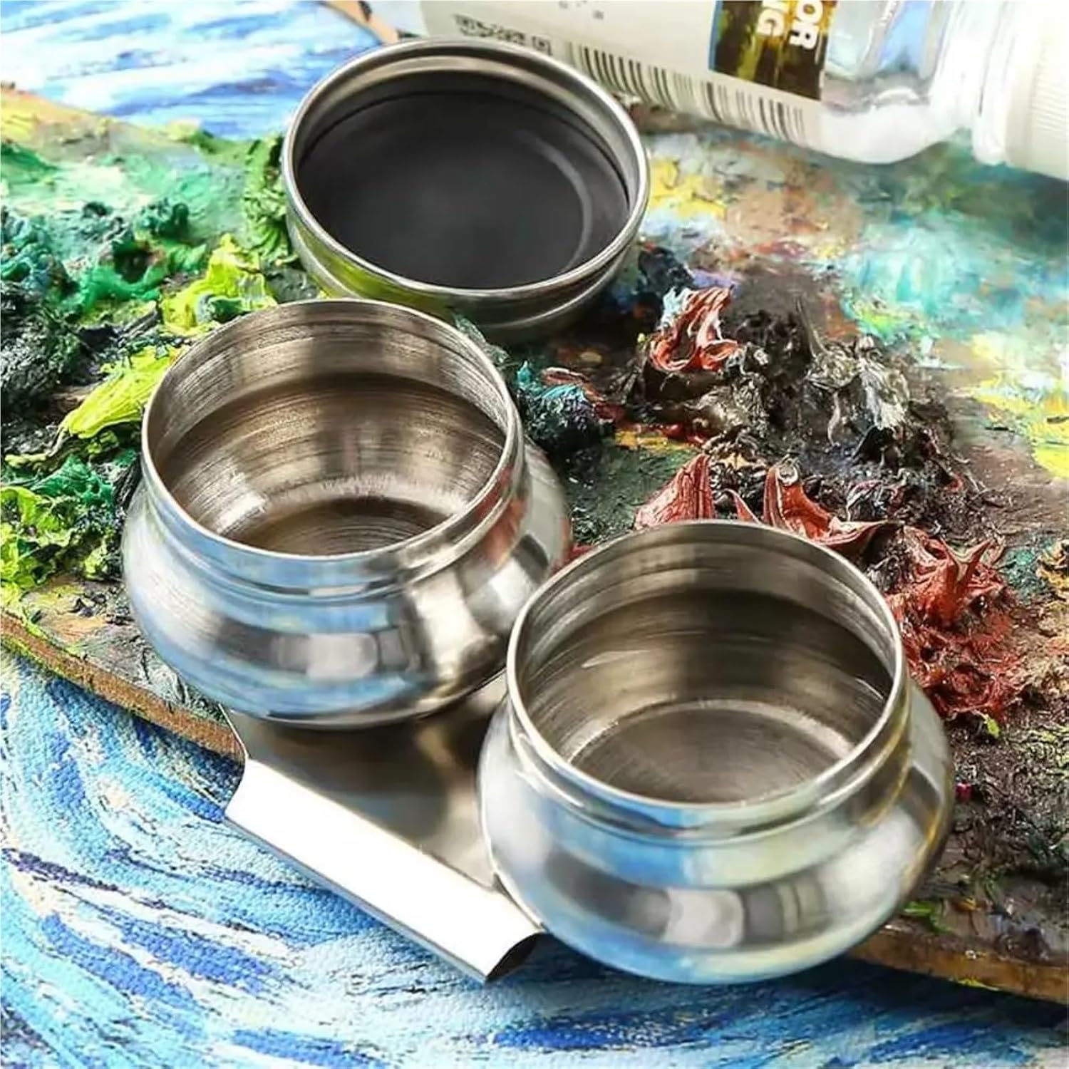Paint Pot Container Cup 4pcs Stainless Steel Painting Oil Pot with Lid Leak Proof Watercolor Dipper Professional Single Hole Paint Box