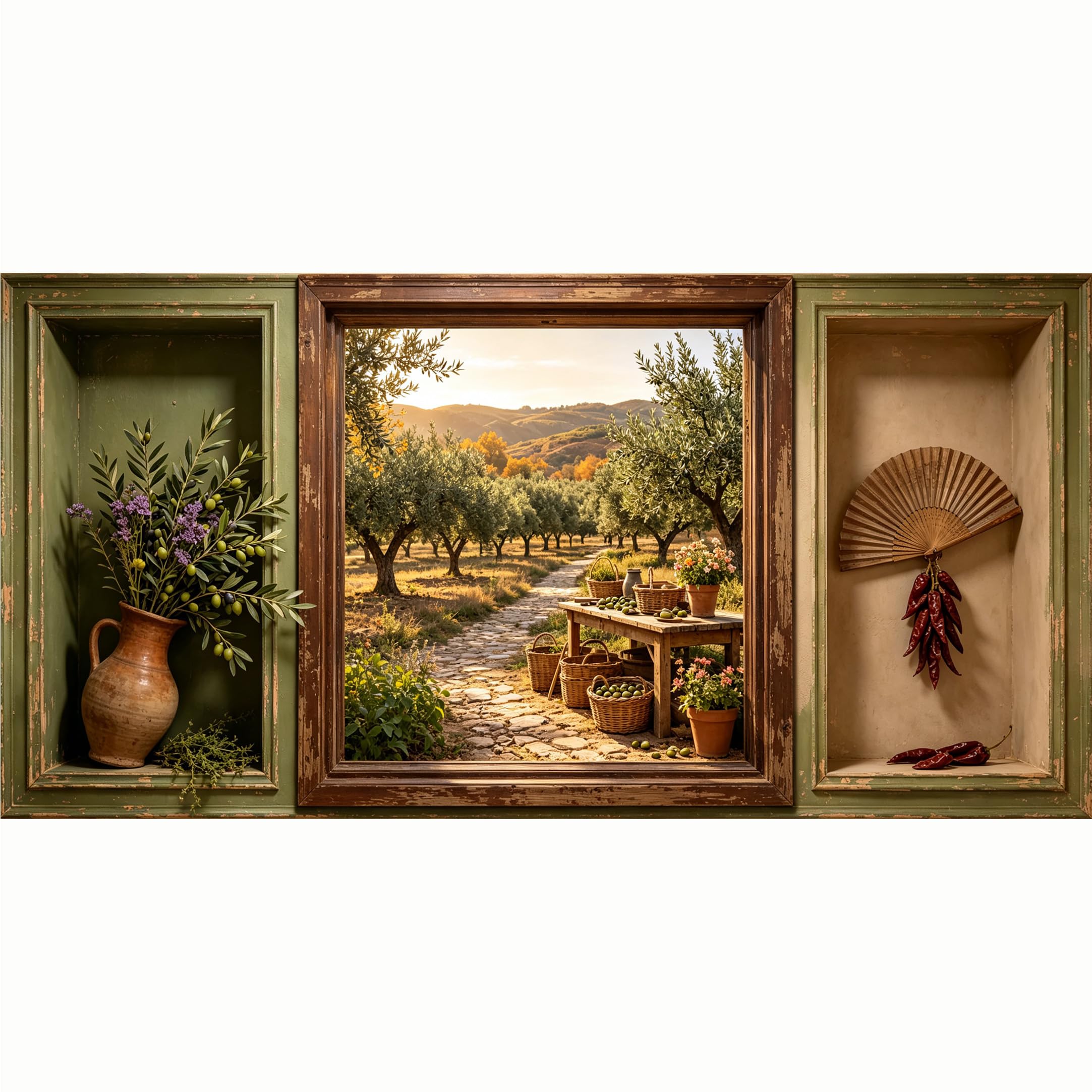 QZLITHOTIC 50x100cm 3D Framed Wall Art， Tuscan Olive Orchard Landscape Farmhouse Style Self‑Adhesive Mural， Water‑Activated Peel & Stick Fabric Decor Wall Decal for Bedroom Living Room
