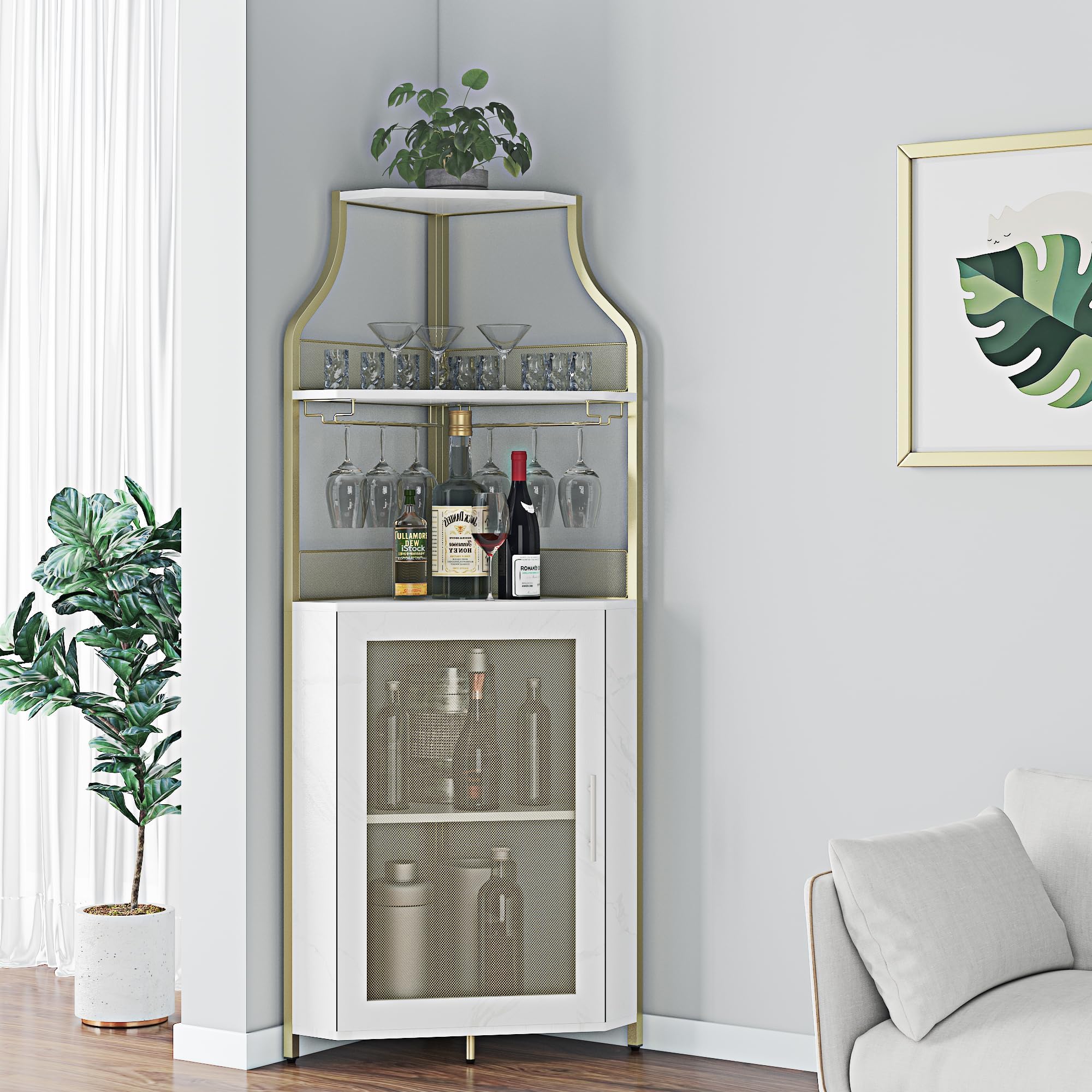 GarveeLife Armoire à Vin d'angle avec Casier à Bouteilles Amovible, Armoire Bar d'angle à 5 Niveaux avec Porte Coulissante Et Porte-Verres, Buffet De Style Fermier Et Bar d'Intérieur, Brun Rustique