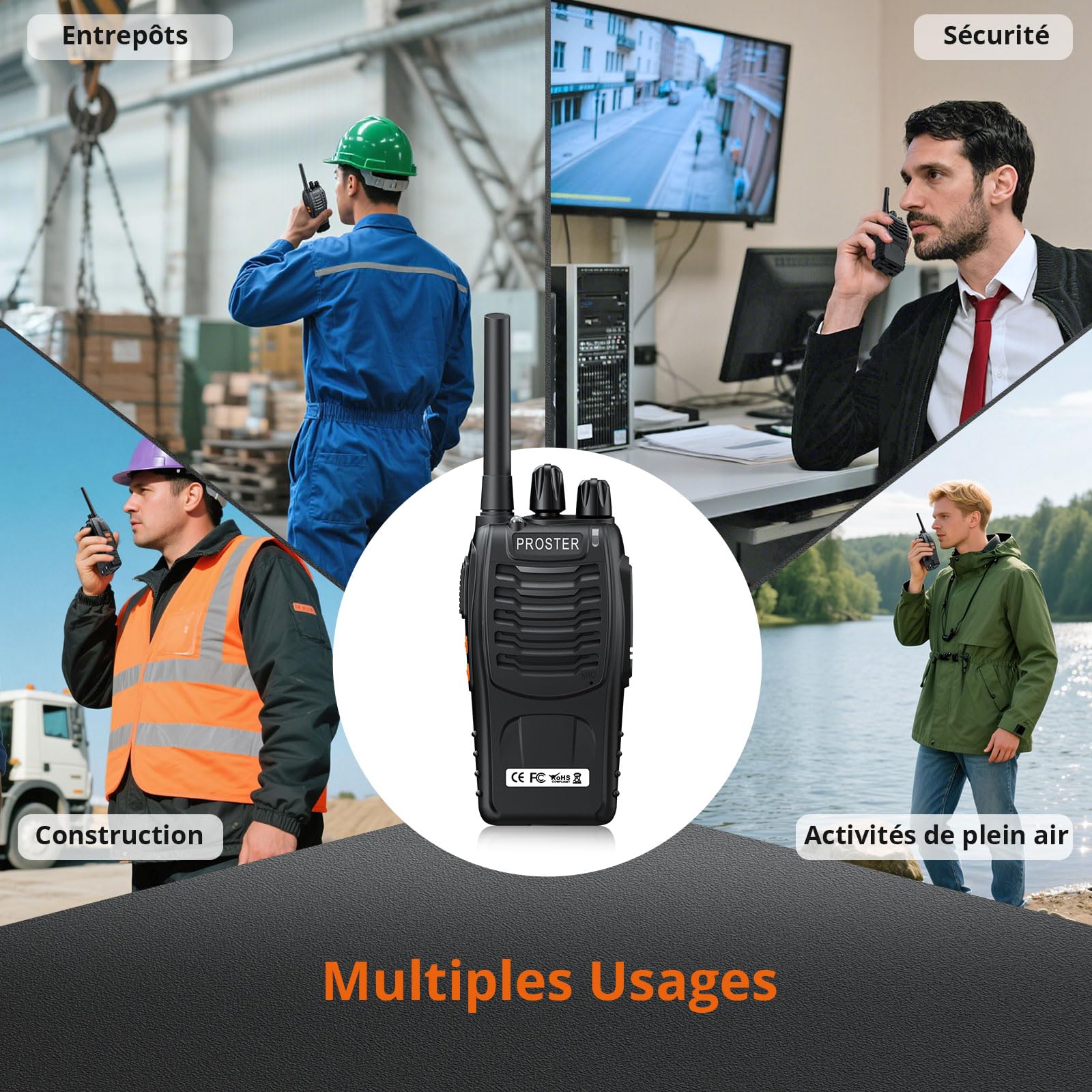 Proster Talkie Walkie Longue Portée Rechargeable avec Écouteurs （5PCS） | PMR446 Sans Licence, 16 Canaux, 1500mAh 10H Grande Autonomie, Portée Stable 1,5km, VOX Mains Libres et Lampe Torche