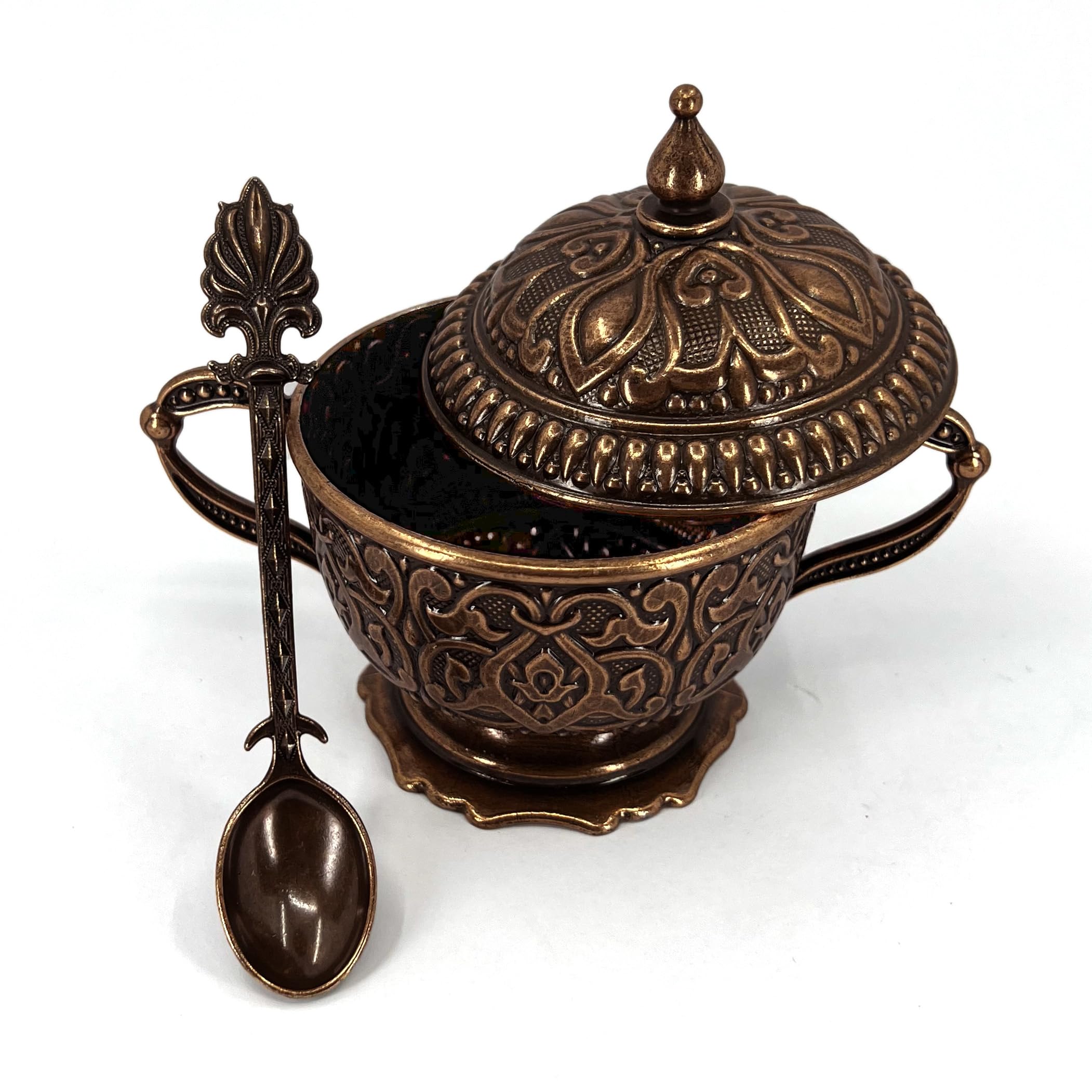 6 oz Embossed Metal Sugar Bowl with Lid and Spoon – Decorative Sugar Bowl with Lid, Cereal Bowl, Spice Jar Canister, and Sugar Jar with Spoon for Coffee Bar (Aged Brown)