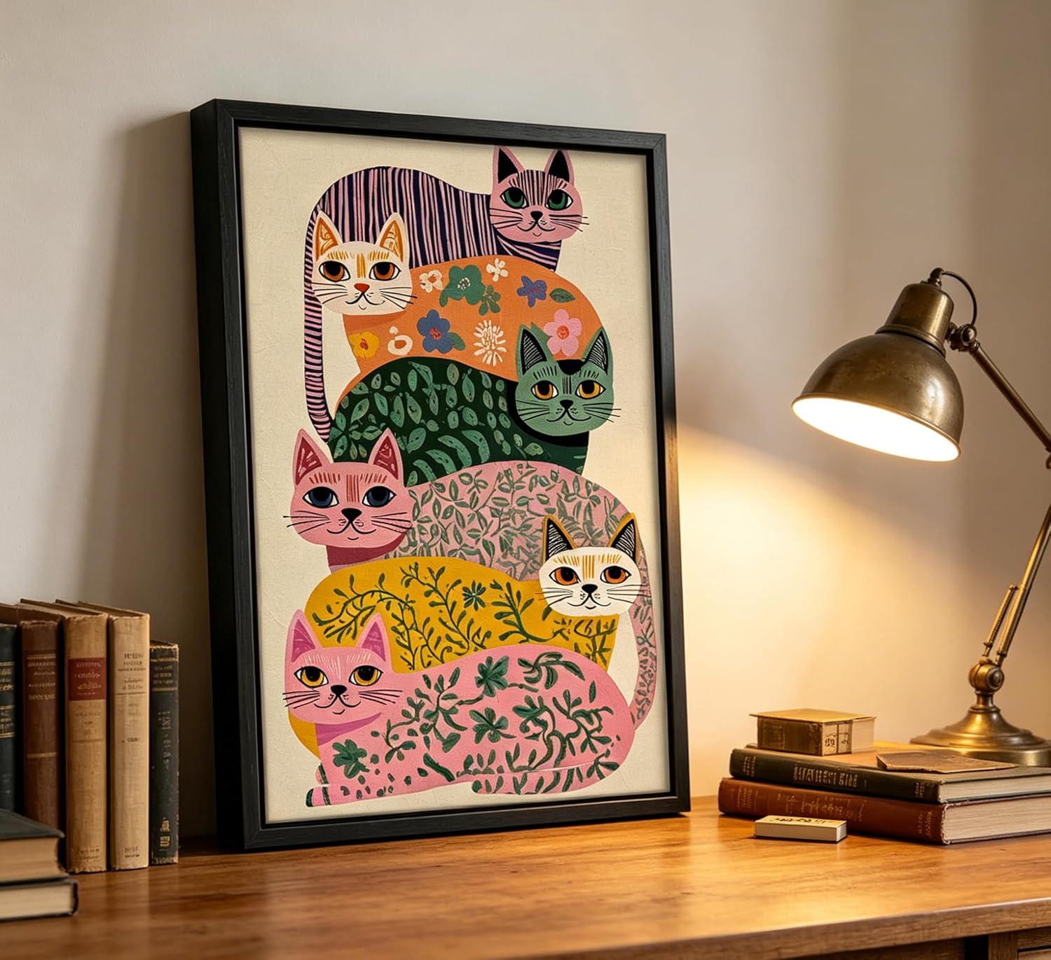 Framed Colorful Cat Wall Art, Whimsical Cat Canvas Prints, Abstract Cartoon Animal Wall Decor, Funny Cat Poster Artwork for Boho Living Room Bedroom Kids Room, 8x10in