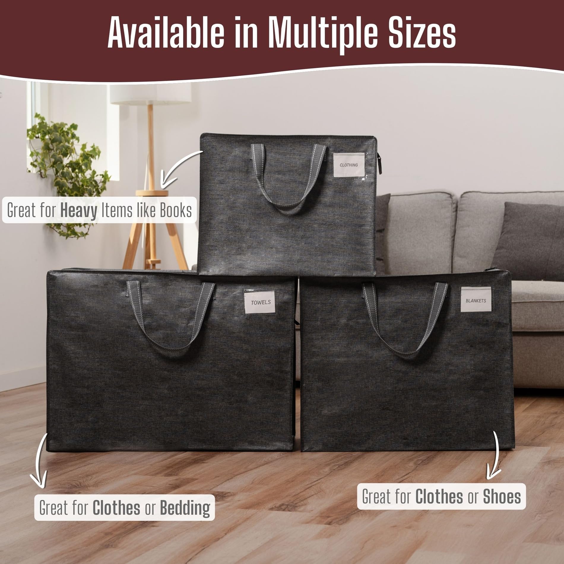 VENO 50 L Sac de Rangement Pliable, Sac Demenagement avec Étiquette Transparente, Rangement pour Vetements, Couette, Literie, Rangement Sous Lit et Voyages(S Noir, Lot de 4)