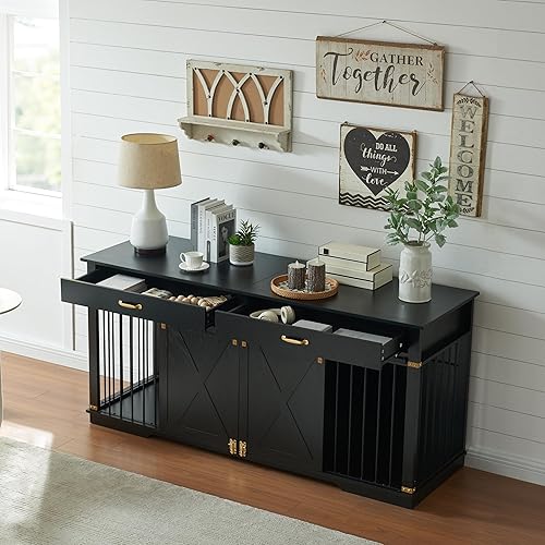 Miniatura 3 de Jaulas dobles extragrandes para perros de 72.5 pulgadas para razas grandes, muebles de madera XXL con cajones, divisor, resistente al agua y puerta