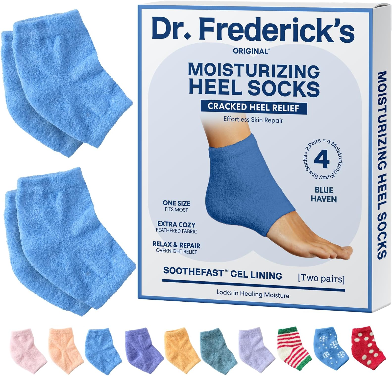 Dr. Frederick’s Original Moisturizing Fuzzy Heel Socks - Cozy Gel-Lined Socks for Dry Cracked Heels - 2 Pairs - Overnight Foot Care with Olive Oil, Vitamin E - Gifts for Women & Men - Blue Haven