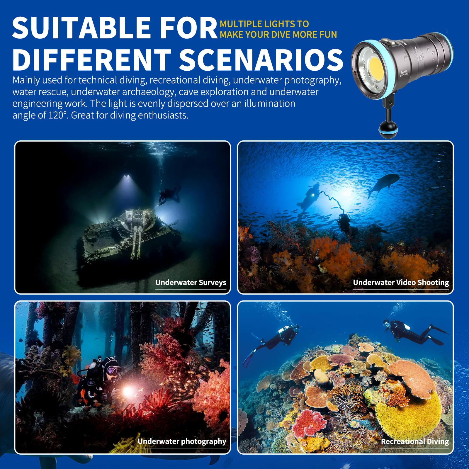 Seal CB Torcia Video Subacquea 4000 Lumen - 120° CRI 94 6500K, Impermeabile 100m, Ricarica USB-C per Video e Foto Subacquee Professionali