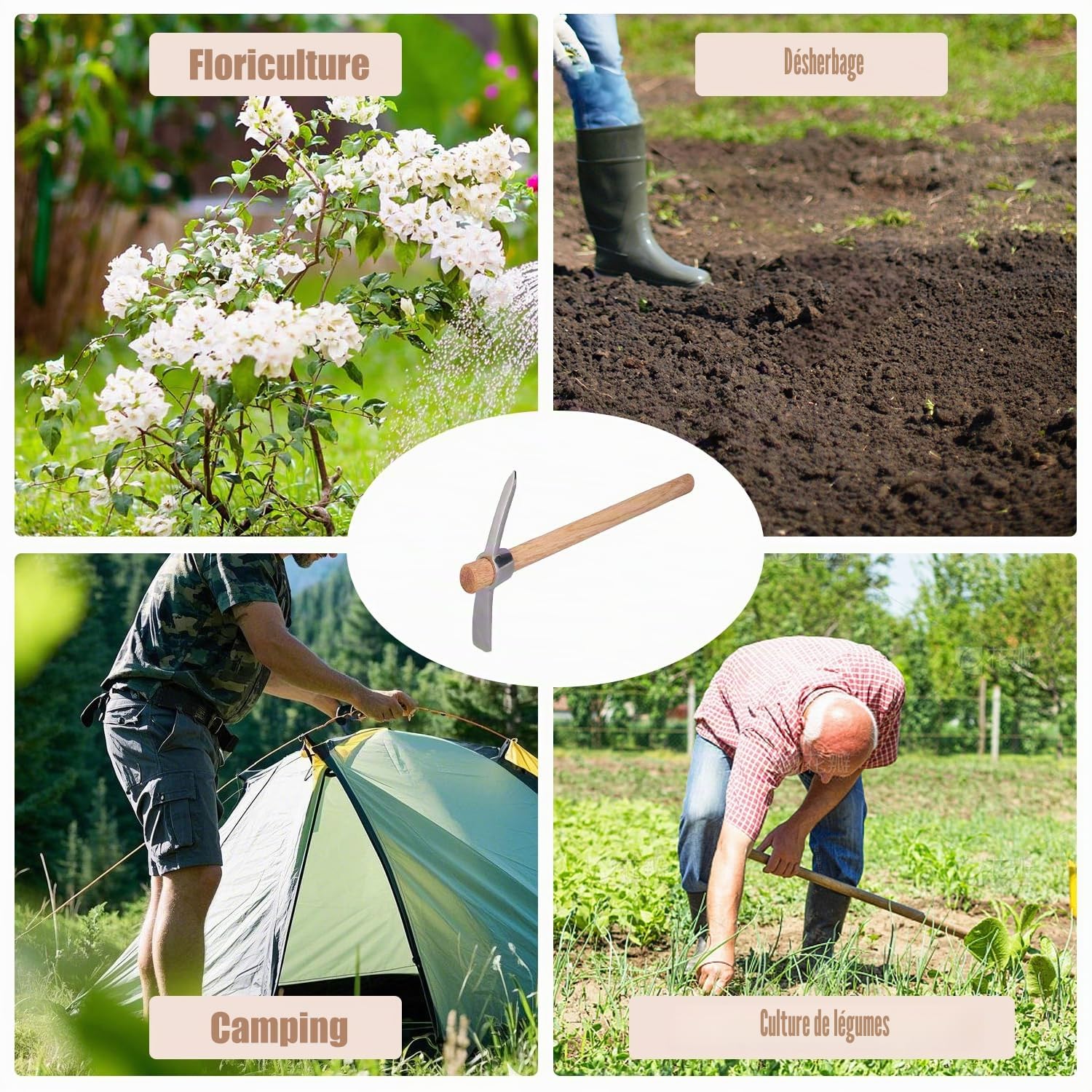 Pioche de Jardin de 40 cm/15,7 pouces, Houe de Pioche en Acier Inoxydable Binette Jardinage Desherbage Pioche Solide et Durable Outils de Houe de Jardinage Agricole avec Manche en Bois
