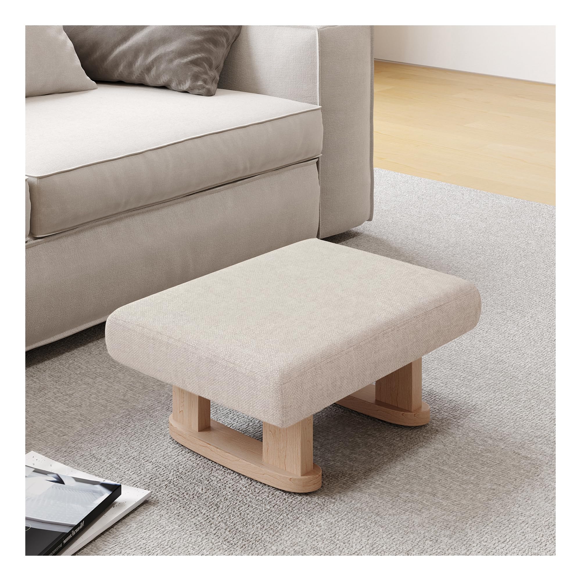 INMOZATA Linen Fabric Footstool Pouffe Stool Low Stool Change Shoe Footrest Wooden Legs for Living Room Bedroom (Beige)