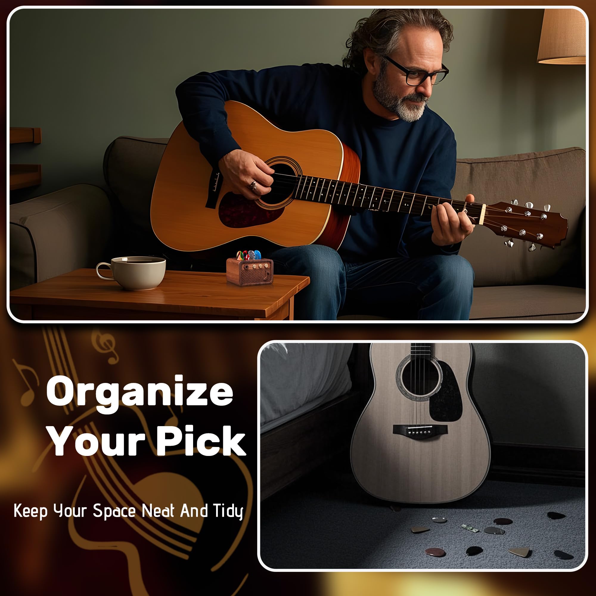 Guitar Pick Holder, Walnut Wood Electric Guitar Amp Styled Pick Holder for Picks Storage and Display, Gift for Guitar Players Guitarists