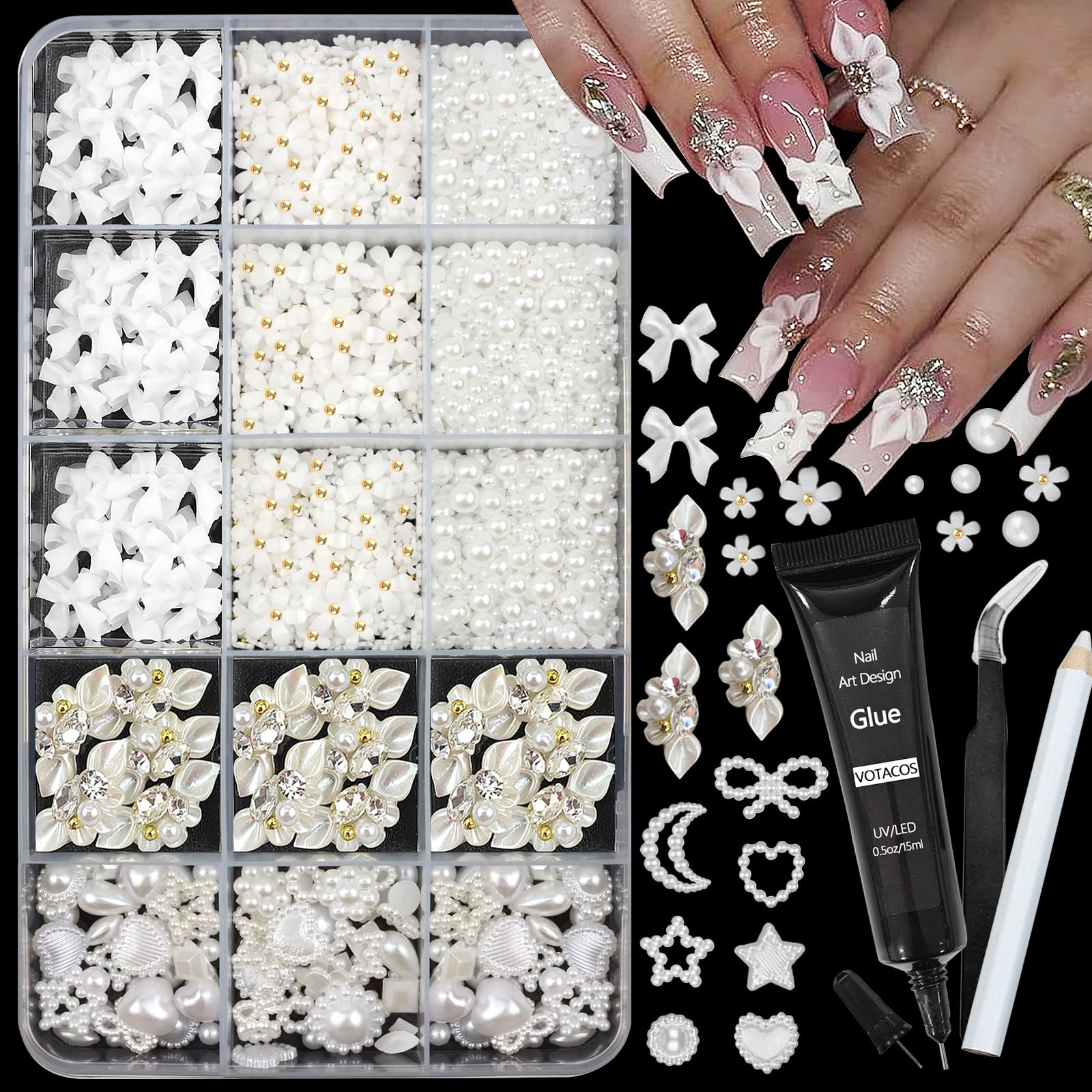 VOTACOS Nail Art Charms Flower Bow Heart Nail Gems with Rhinestones Glue Gel 2-6mm Flatback Nails Pearls Supplies for Women Acrylic Nails Decoration