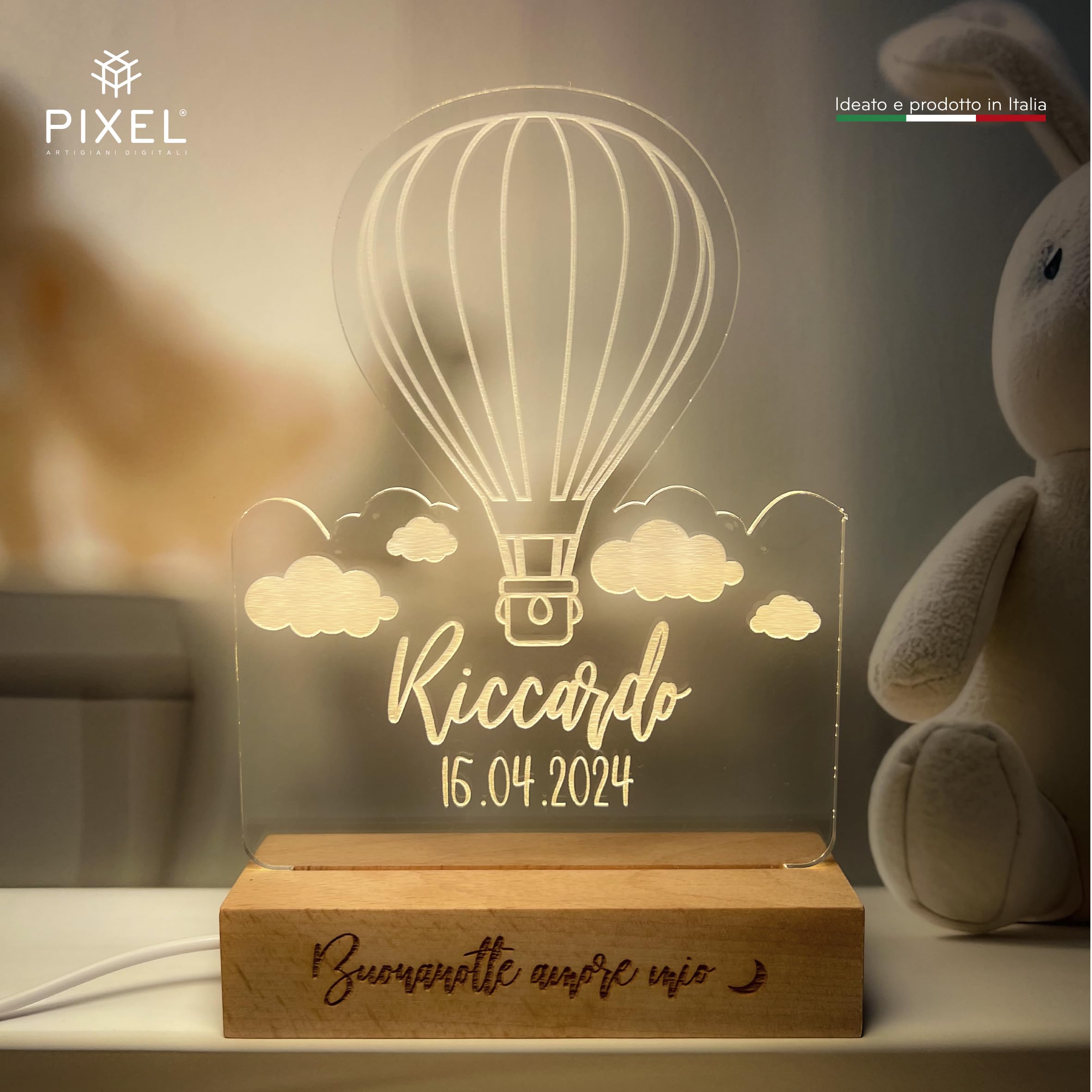 PIXEL® Lampada personalizzata con nome incisa 3d Luce notturna bambino bambina bambini neonato Idea regalo nascita bimbo bimba battesimo Regalo Natale neonati Personalizzato cameretta (Mongolfiera)