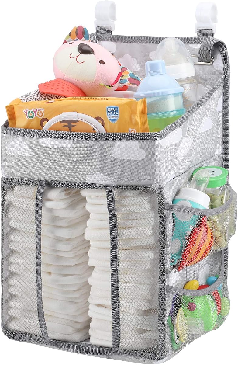 Accmor Hanging Baby Diaper Caddy Organizer, Diaper Stacker, Baby Crib Hanging Classified Storage Bag Organizer for Changing Table, Crib, Playard or Wall & Nursery Organization, Grey Cloud
