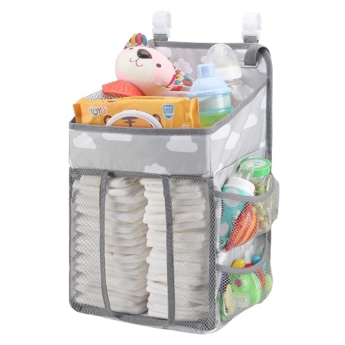 Accmor Hanging Baby Diaper Caddy Organizer, Diaper Stacker, Baby Crib Hanging Classified Storage Bag Organizer for Changing Table, Crib, Playard or Wall & Nursery Organization, Grey Cloud - Style B-Grey