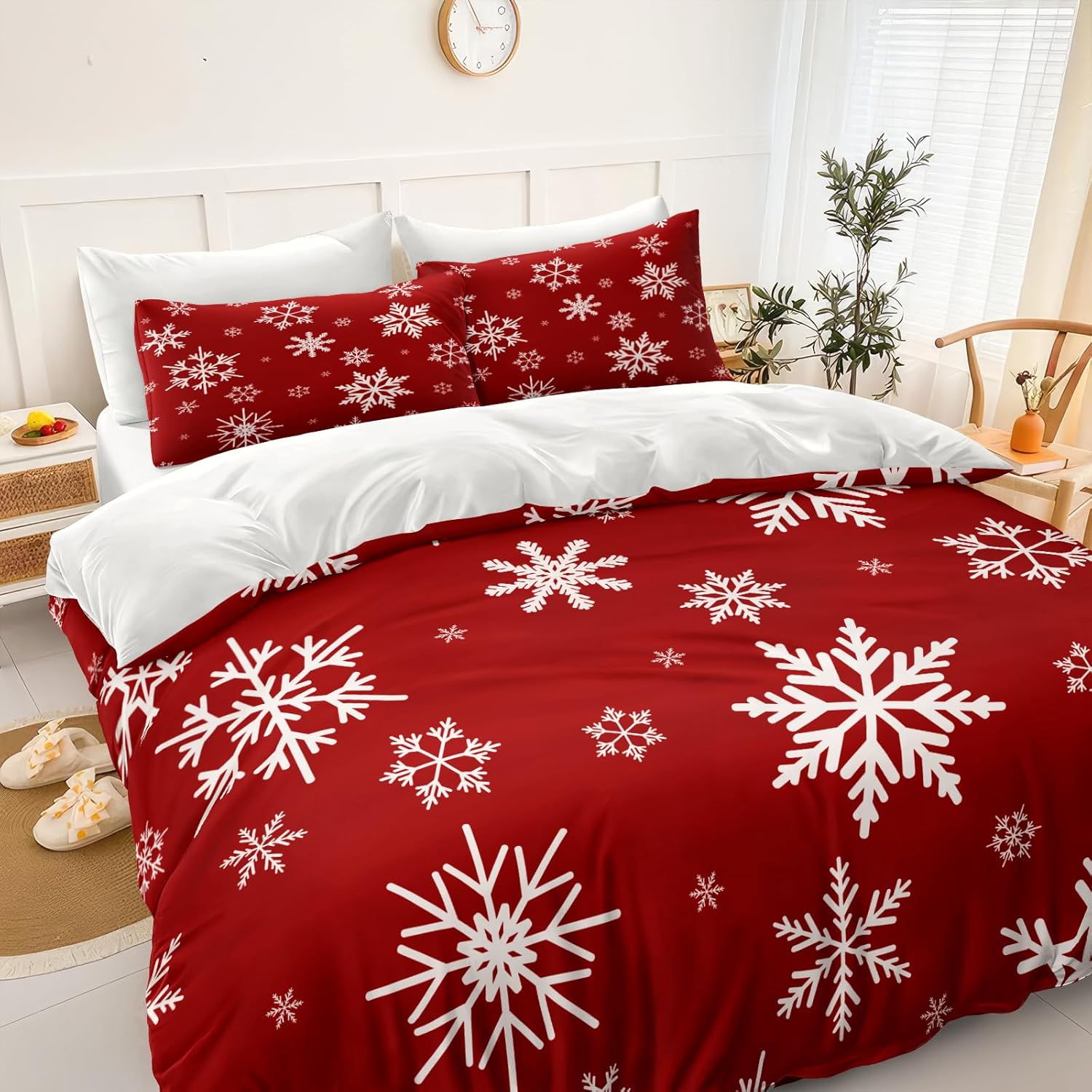 Snowflake Bedding Christmas Duvet Cover Set White Snowflake Red Christmas Printed Xmas Festival Bedding Set Queen 1 Duvet Cover 2 Pillowcases