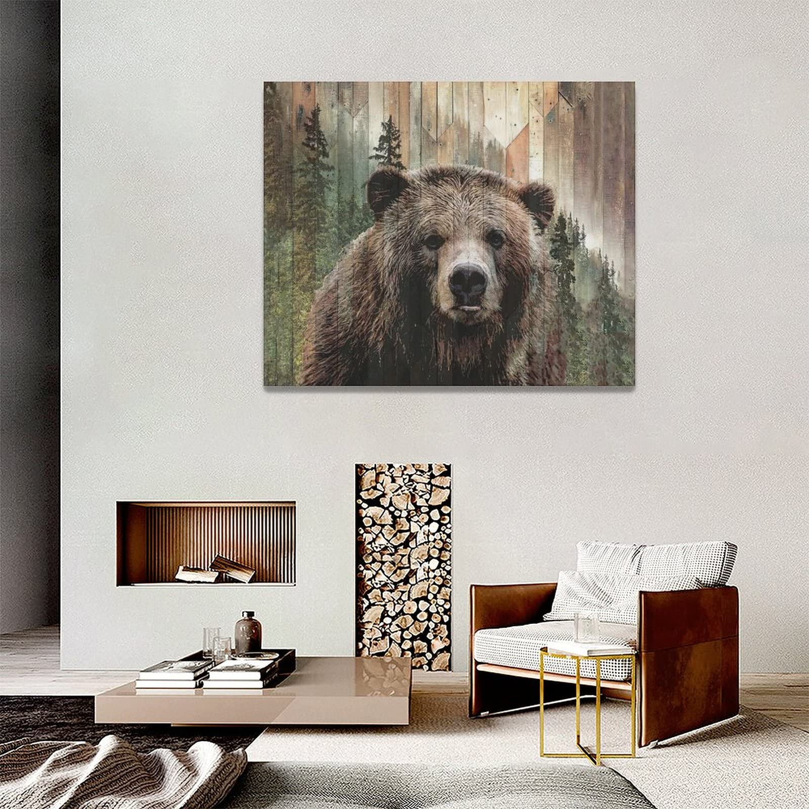 Brown Bear Wooden Wall Art – Rustic Framed Wildlife Painting For Living Room & Office