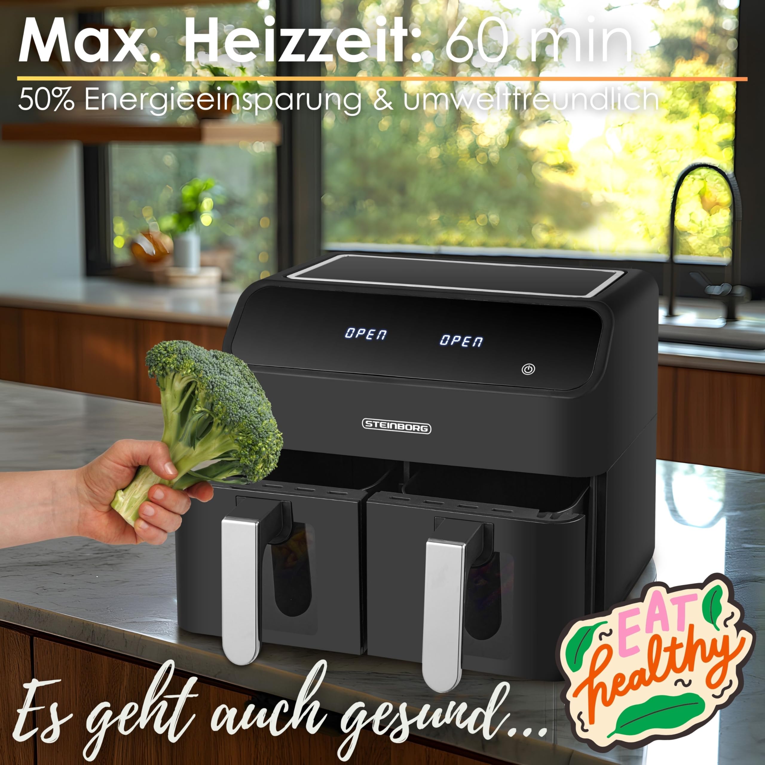 Frytkownica na gorące powietrze, 2 komory, 8 litrów, frytkownica na gorące powietrze, grillowanie, pieczenie, suszenie, smażenie, frytkownica XXL, bez oleju, piec na gorące powietrze, grill 4 w 1