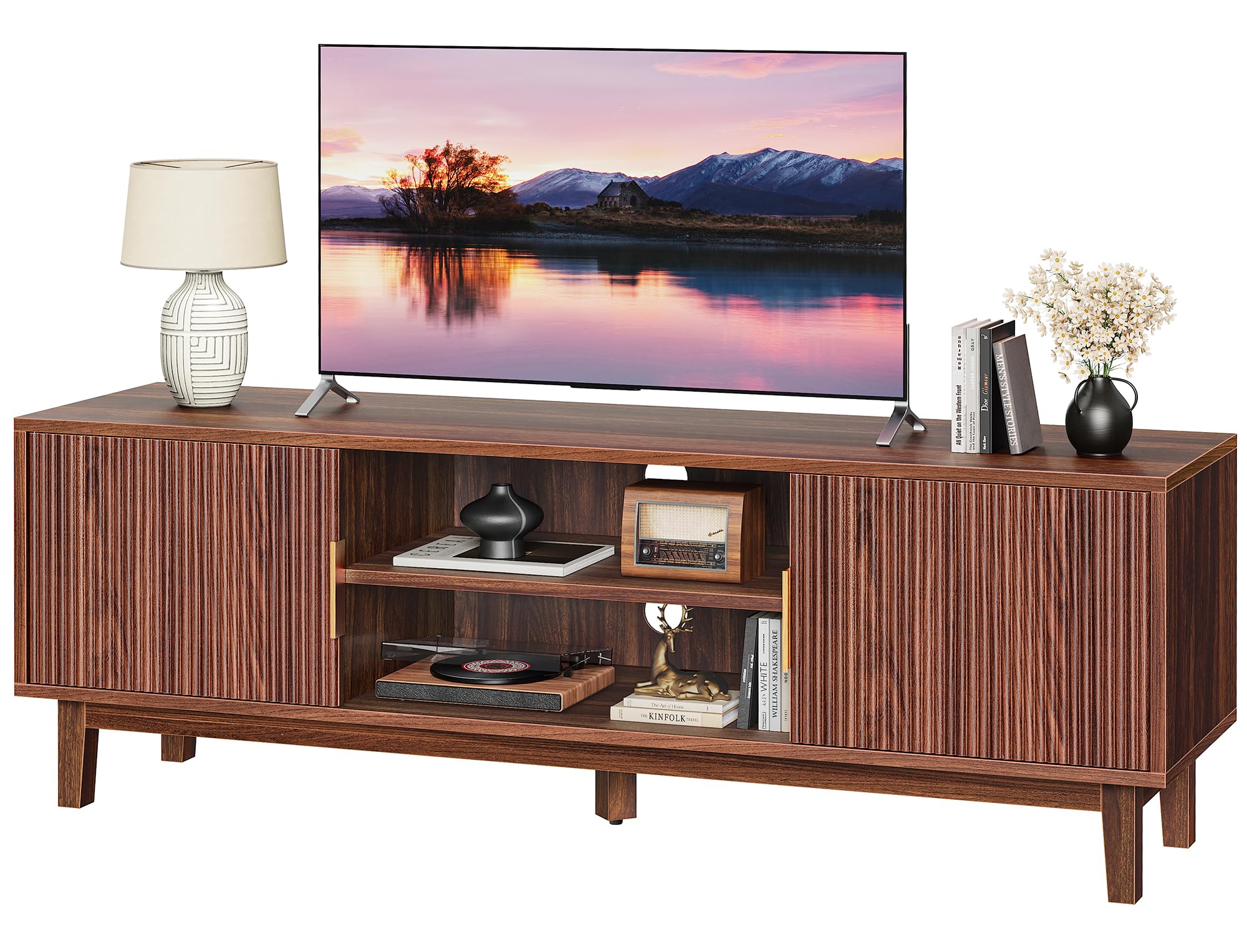 Photo 1 of PRAISUN 54 Inch Fluted TV Stand for TVs Up to 55, 60 Inch, Mid Century Modern Entertainment Center with Storage, TV Console with Adjustable Shelves, Midea Console for Living Room Bedroom, Brown