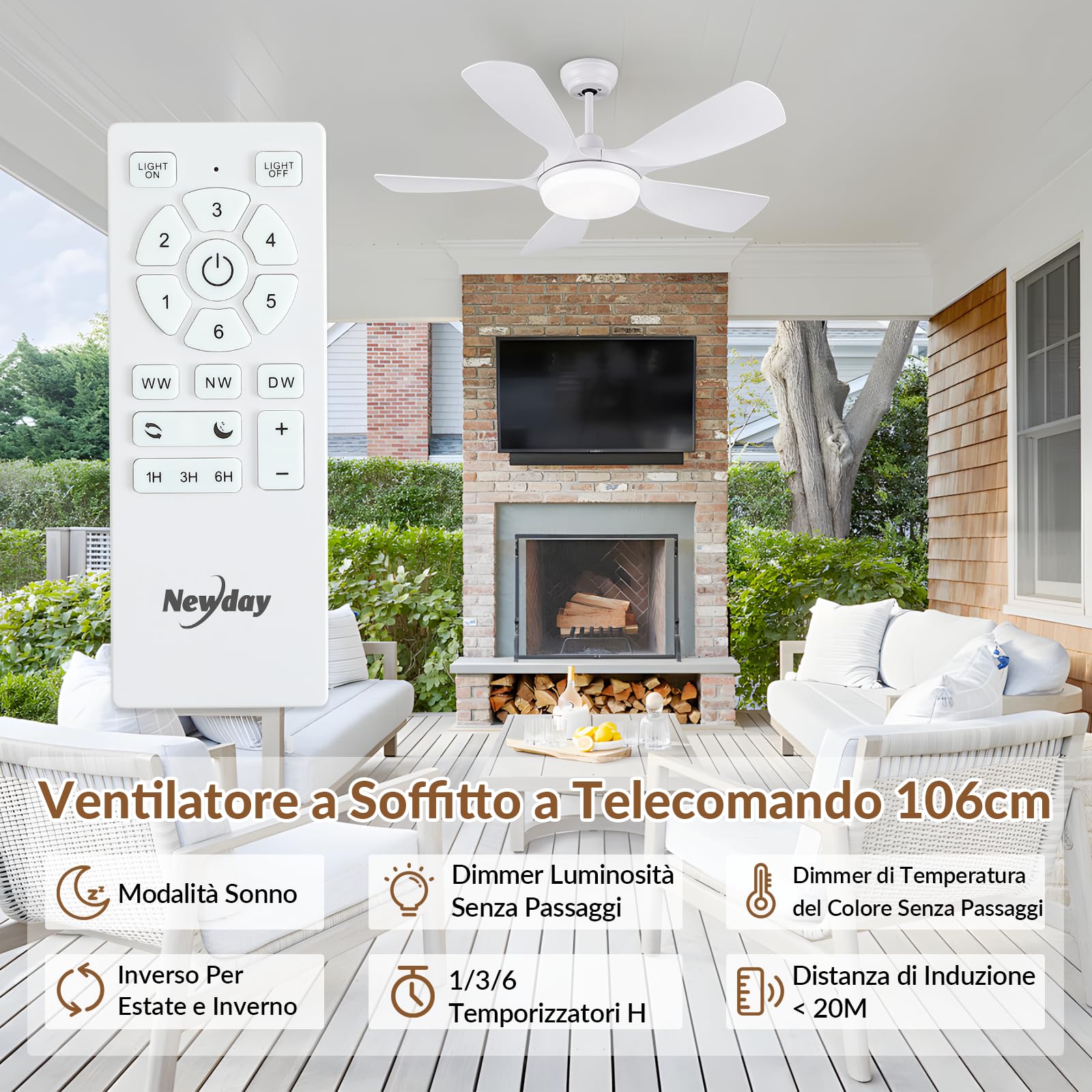 Newday Ventilatore da Soffitto con Luce e Telecomando Bianco, 106cm Ventilatore da Soffitto con Lampada Dimmerabile, Pale da Soffitto Silenzioso con Motore DC 3 Timer 6 Velocità Funzione di Memoria