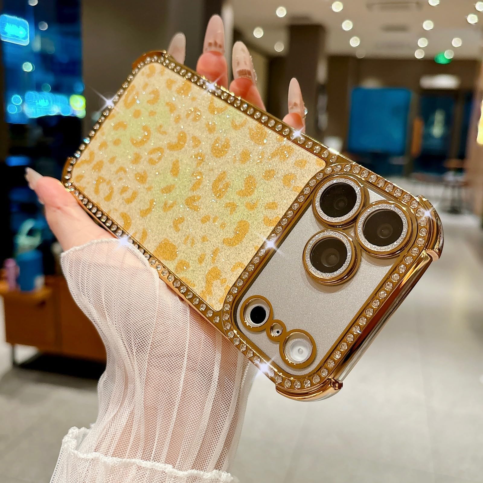 Generic Funda compatible con iPhone 14 Pro Max (patrón: leopardo dorado) con purpurina, carcasa trasera de silicona dura para lente de cámara