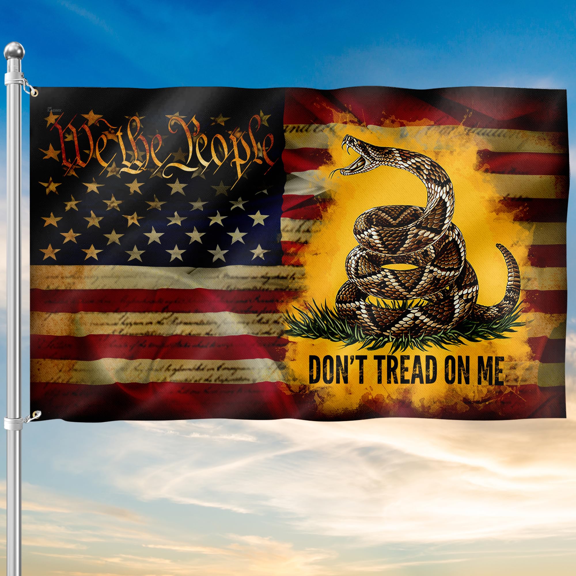 FLAGWIX 3x5 ft American Patriotic Gadsden Flag - Double Sided, Heavy Duty Canvas, Fade Resistant - Patriotic American House Flags, 4th of July Decorations For Indoor, Outdoor Decor Flag with Grommets