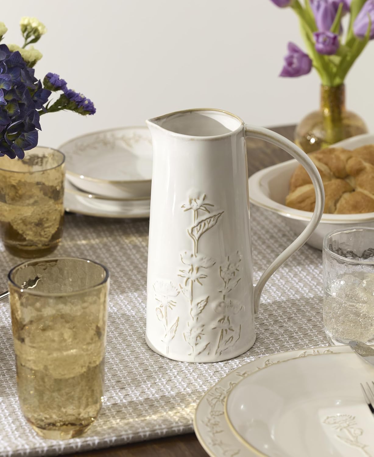 Lenox Home And Kitchen, Homespun Pitcher, Stoneware Material, Water Jug, Dishwasher Safe, Water Pitcher, Table Decor, Home Decor, Decorative Pitchers, Thistle Design(White, 1 Piece, 82 Ounce Capacity)