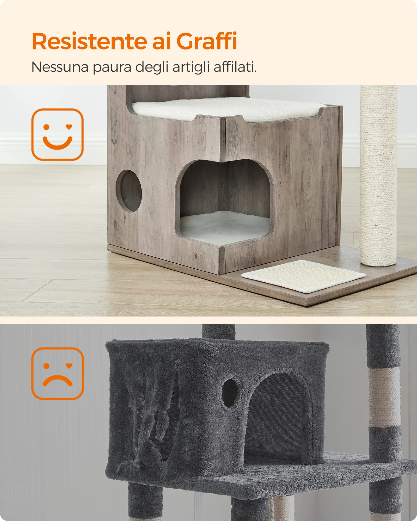 Feandrea Tiragraffi, Albero per Gatti di Truciolato Alto 86 cm, con Grotta, Posatoi, Colonna e Tappeto Graffiatoio in Sisal, Lavabili Tappeti in Pelliccia Sintetica, Greige Melange PCT070G01