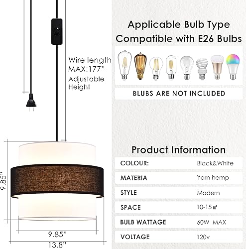 Miniatura 2 de GO&SO Lámpara colgante tejida de bambú hecha a mano de ratán de tres capas con pantalla de tela de alambre enchufable de 14.8 ft Adecuado para