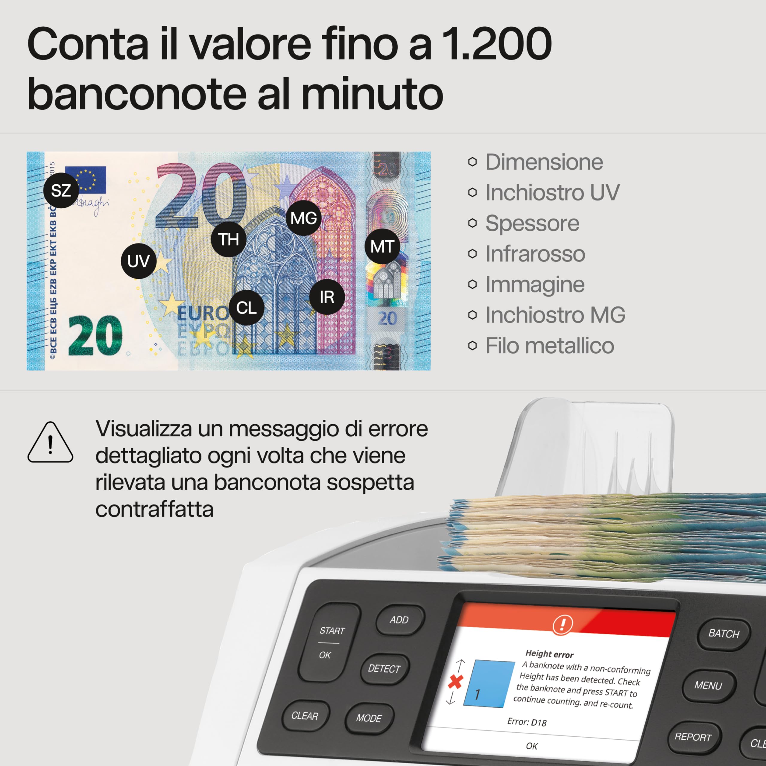 Safescan, Contadenaro Safescan 2885-S conta banconote miste, compresi gli USD - Contadenaro con rilevatore di denaro falso a 7 punti - Contadenaro con interfaccia multilingue