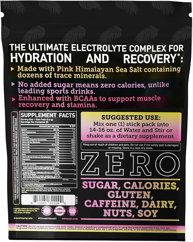Enhanced Electrolyte Powder Stick Packs (Lemon Berry | 20 Packets) w/ 0 Sugar +BCAAs +B-Vitamins Electrolyte Supplement w Potassium Zinc & Magnesium for Hydration - Keto Electrolytes