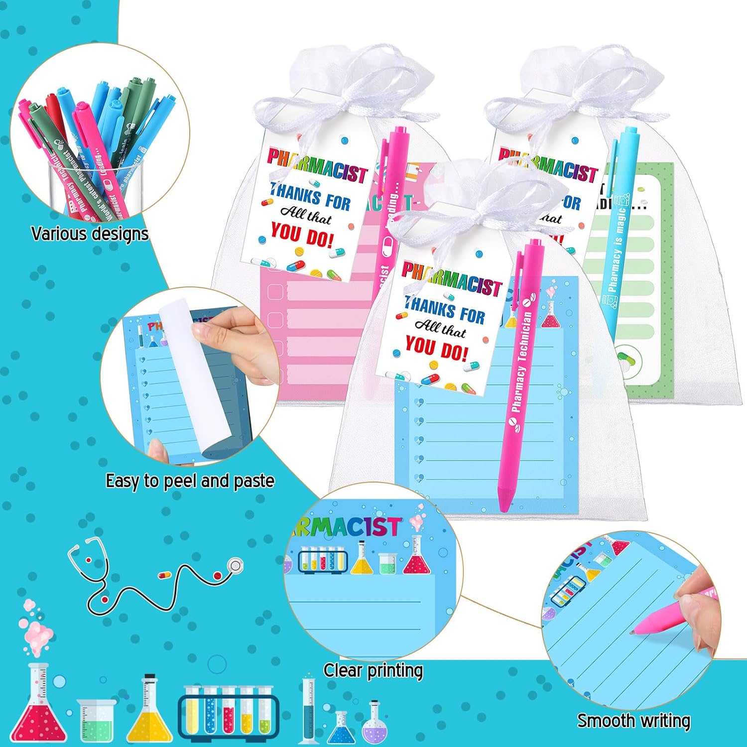 Fullhawl 36 Sets Pharmacy Gifts Includes Pharmacist Sticky Notes and Pharmacist Pens with Tags Organza Bags Bulk for Pharmacy Week Appreciation Gifts Medical Technician School Student Office Supplies